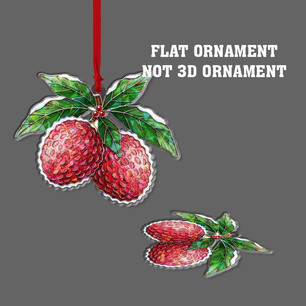 Lychee Hologram Ornament – Holiday Tree Decoration with Red Tropical Fruit and Holly Leaf Design