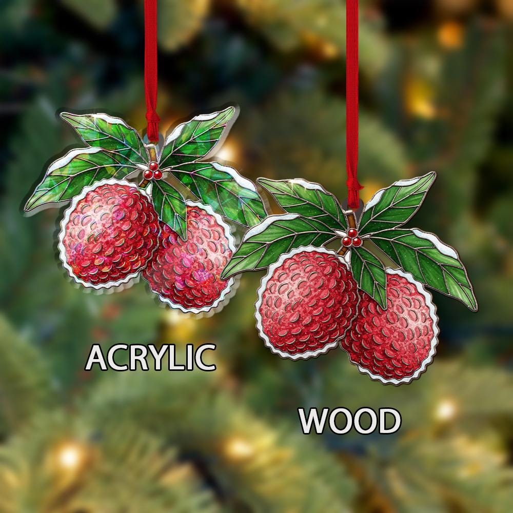 Lychee Hologram Ornament – Holiday Tree Decoration with Red Tropical Fruit and Holly Leaf Design