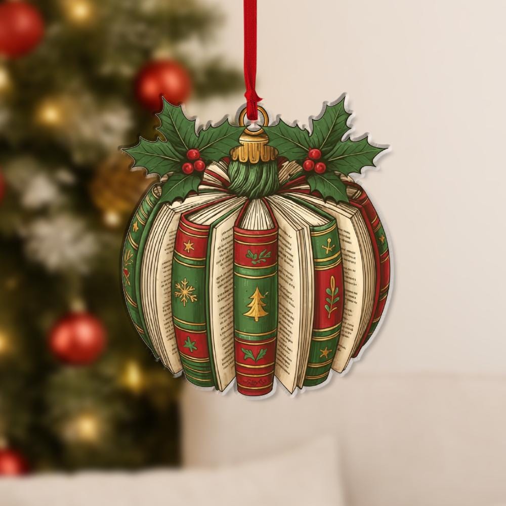 Book Ornament – Holiday Tree Decoration with Library Stack and Holly Leaf Design