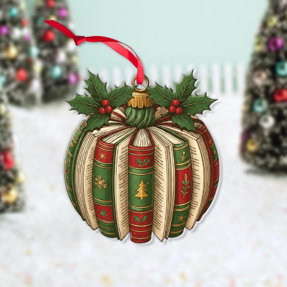 Book Ornament – Holiday Tree Decoration with Library Stack and Holly Leaf Design