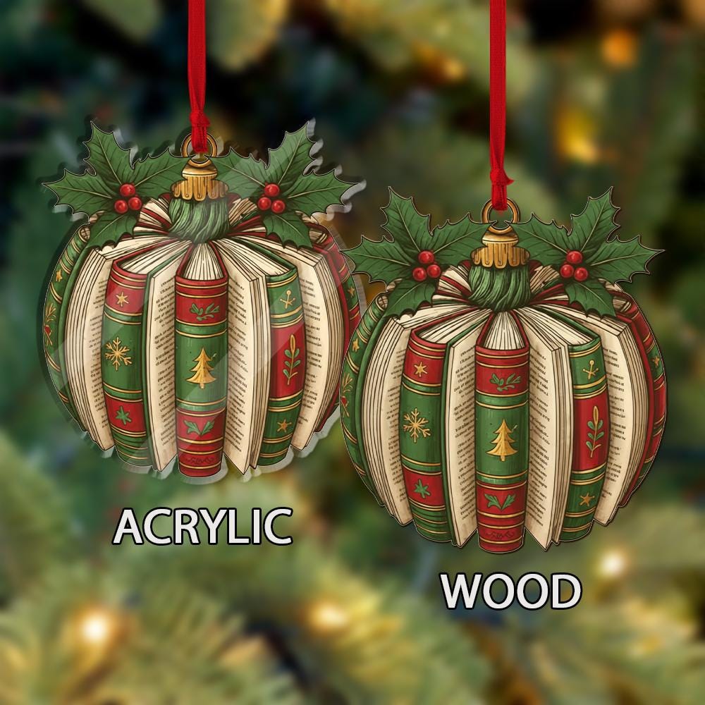 Book Ornament – Holiday Tree Decoration with Library Stack and Holly Leaf Design