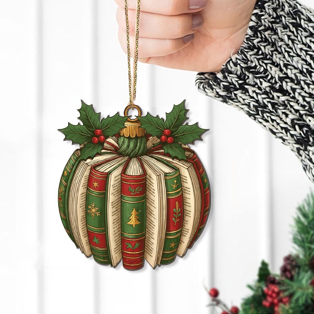 Book Ornament – Holiday Tree Decoration with Library Stack and Holly Leaf Design