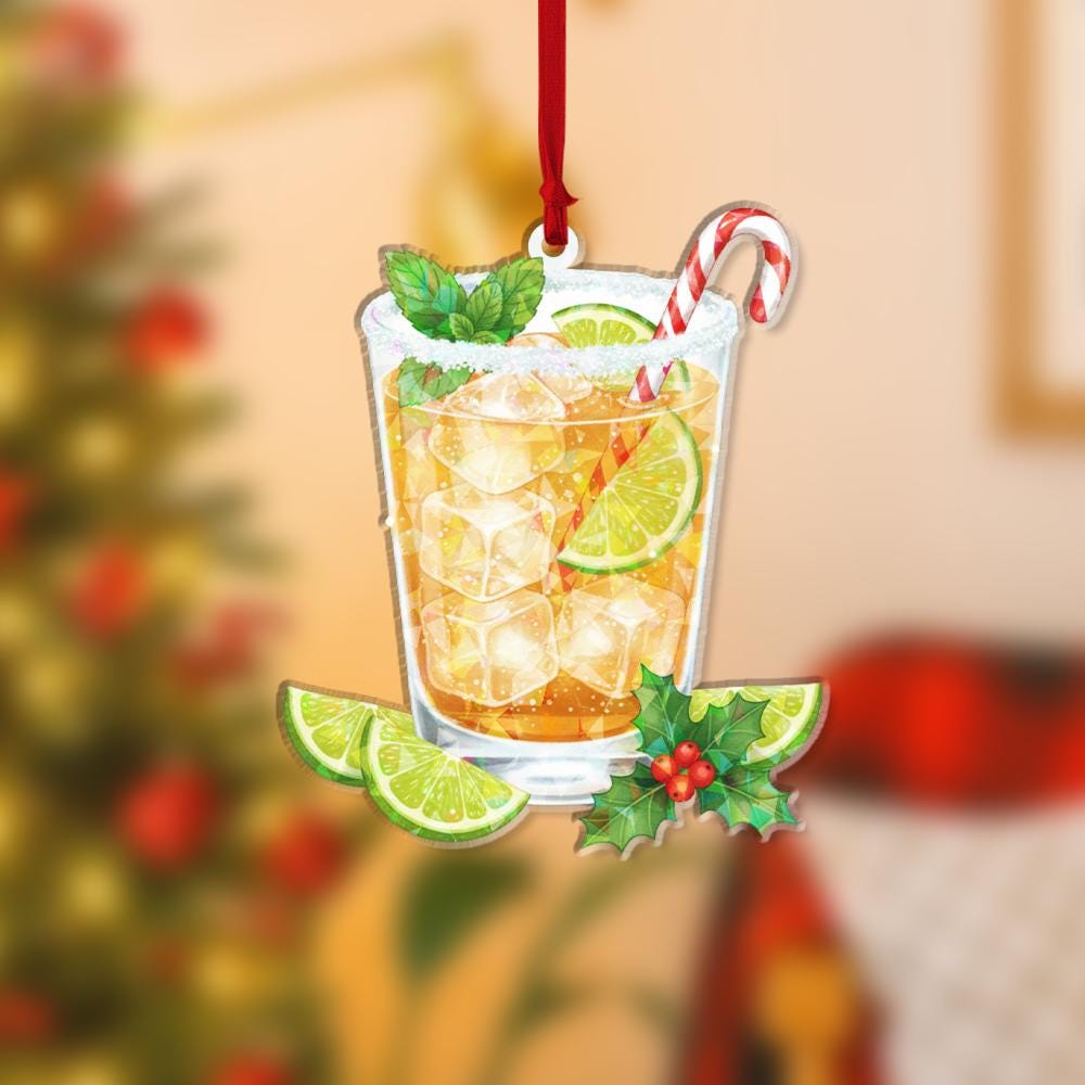 Cocktail Hologram Ornament – Holiday Tree Decoration with Lime Slice Mint and Candy Cane Design