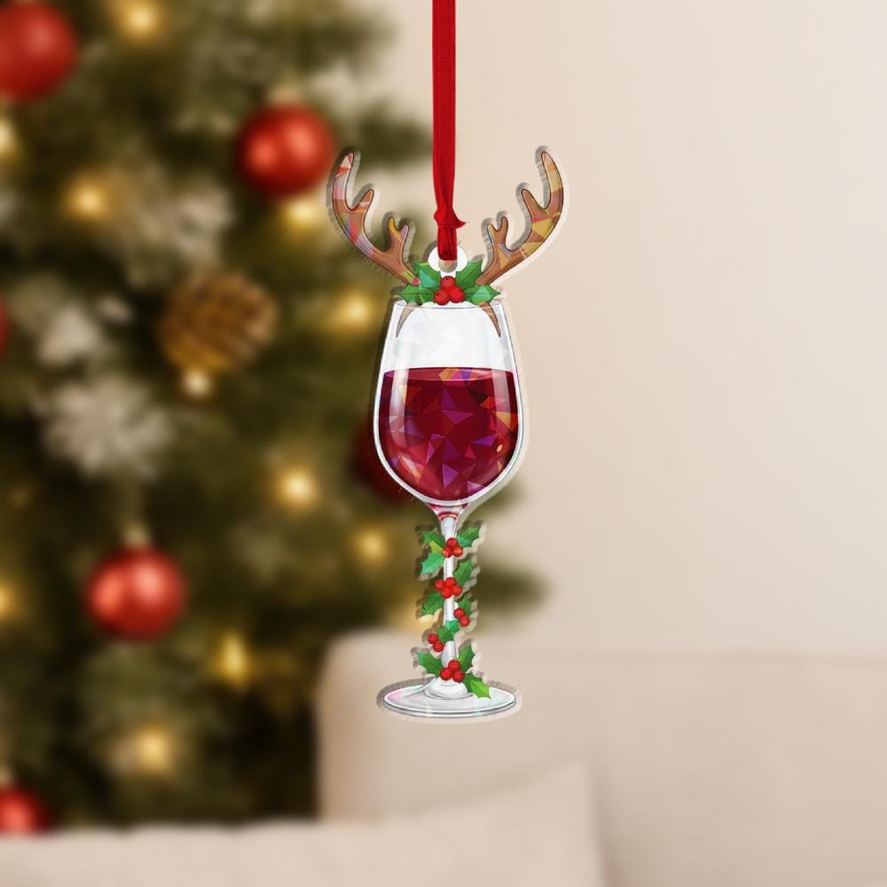Wine Glass Hologram Ornament – Holiday Tree Decoration with Red Wine Reindeer and Holly Design