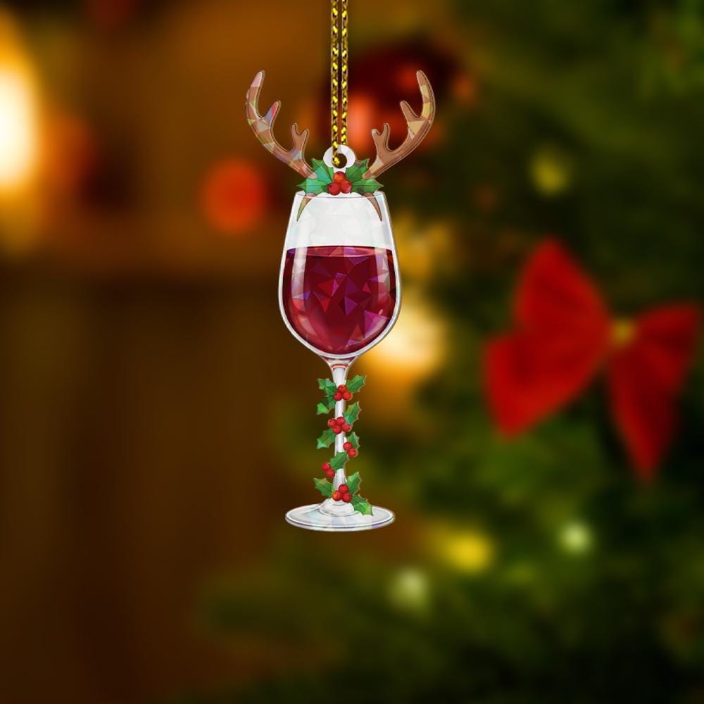 Wine Glass Hologram Ornament – Holiday Tree Decoration with Red Wine Reindeer and Holly Design