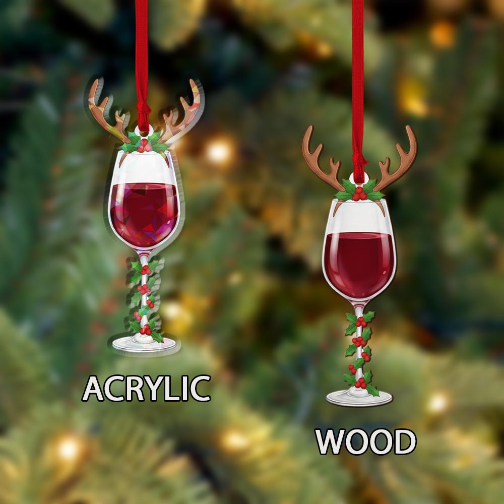 Wine Glass Hologram Ornament – Holiday Tree Decoration with Red Wine Reindeer and Holly Design