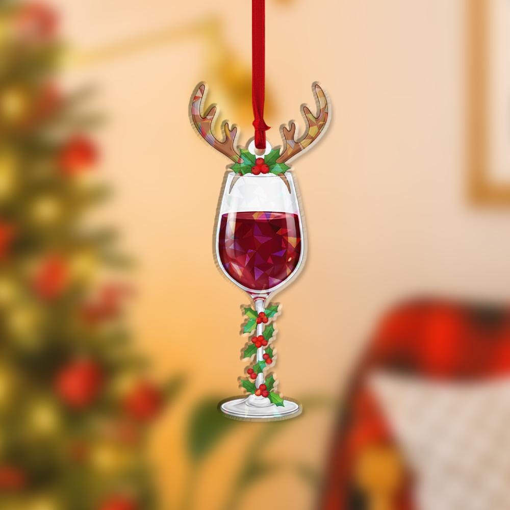 Wine Glass Hologram Ornament – Holiday Tree Decoration with Red Wine Reindeer and Holly Design