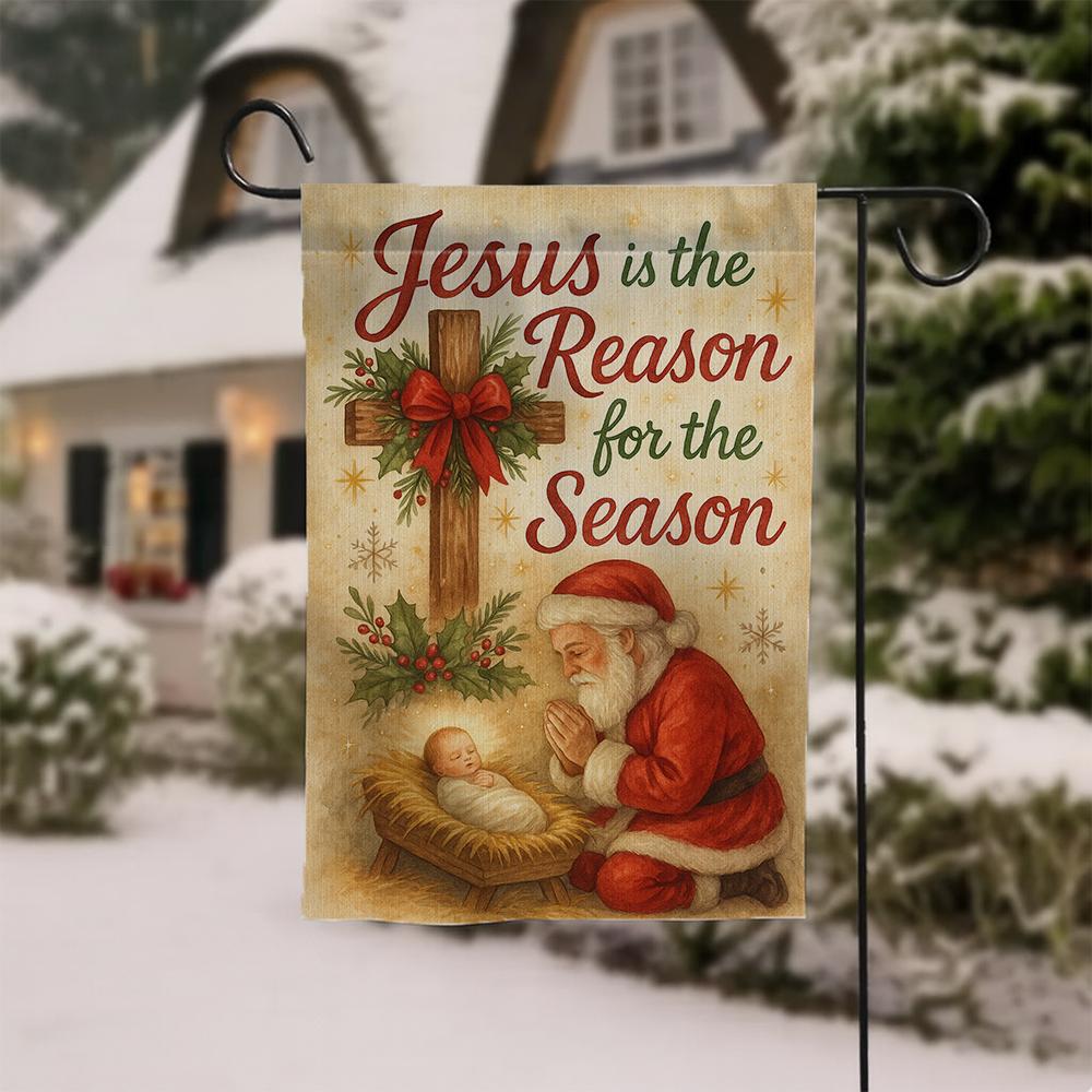 Christian Garden Flag – Outdoor Holiday Yard Decoration with Nativity Cross and Santa Design