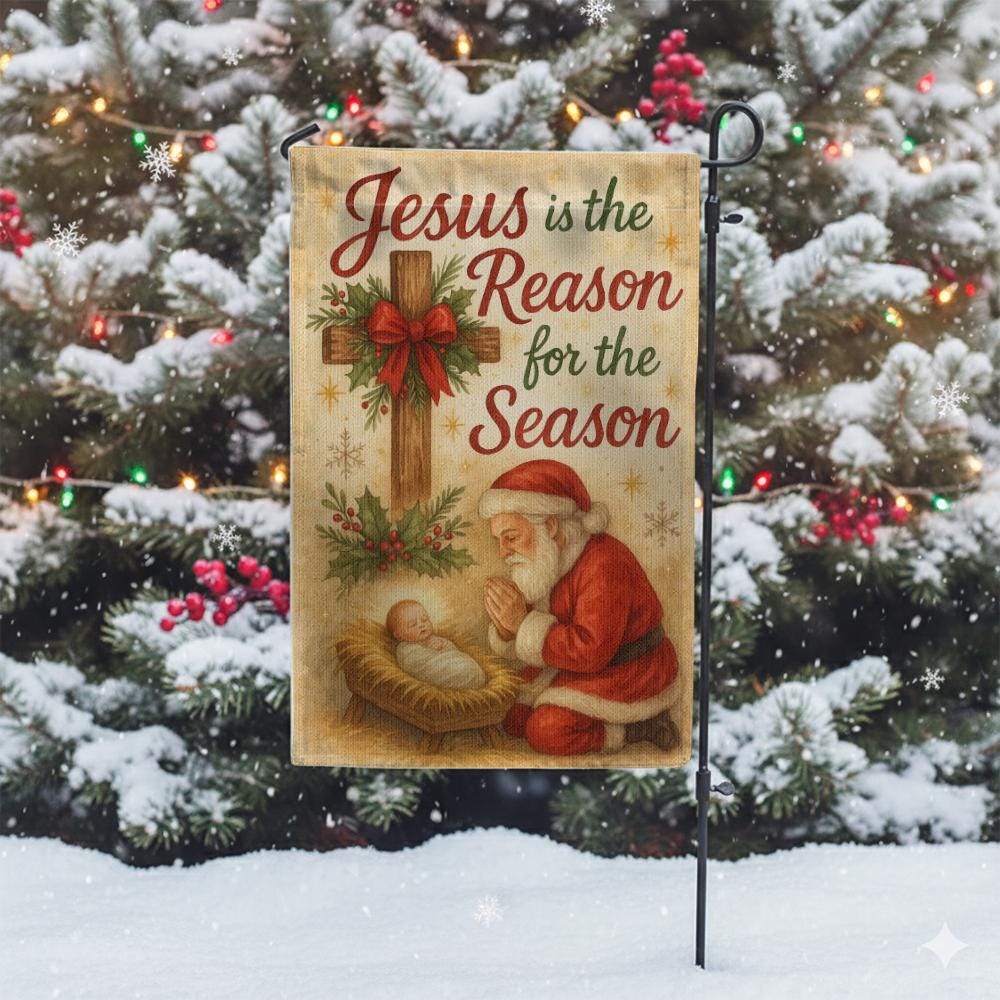 Christian Garden Flag – Outdoor Holiday Yard Decoration with Nativity Cross and Santa Design