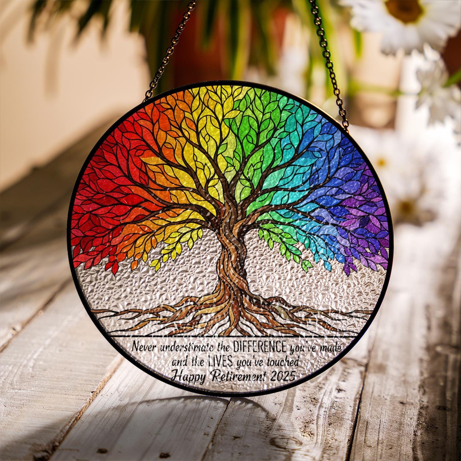Glass Suncatcher – Tree of Life Window Hanging with Rainbow Stained Design