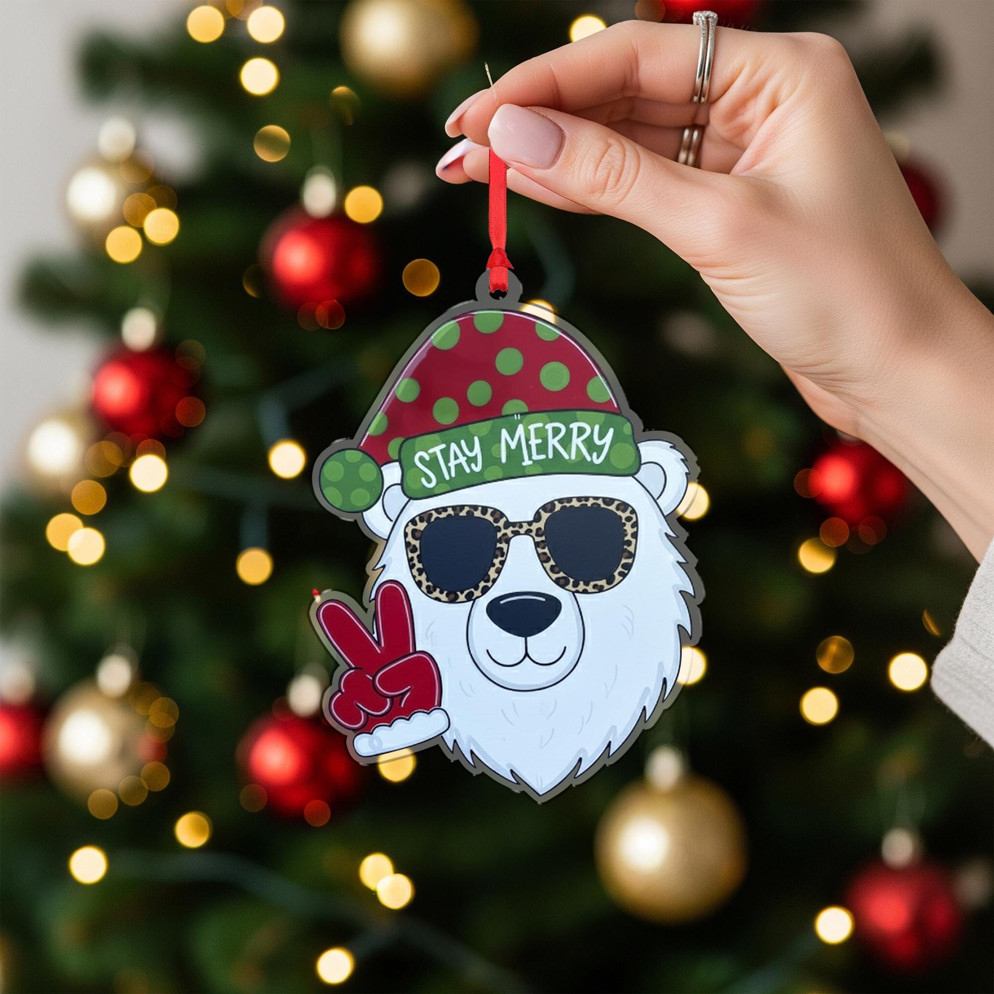 Polar Bear Ornament: Christmas Tree Decoration with Santa Hat and Sunglasses