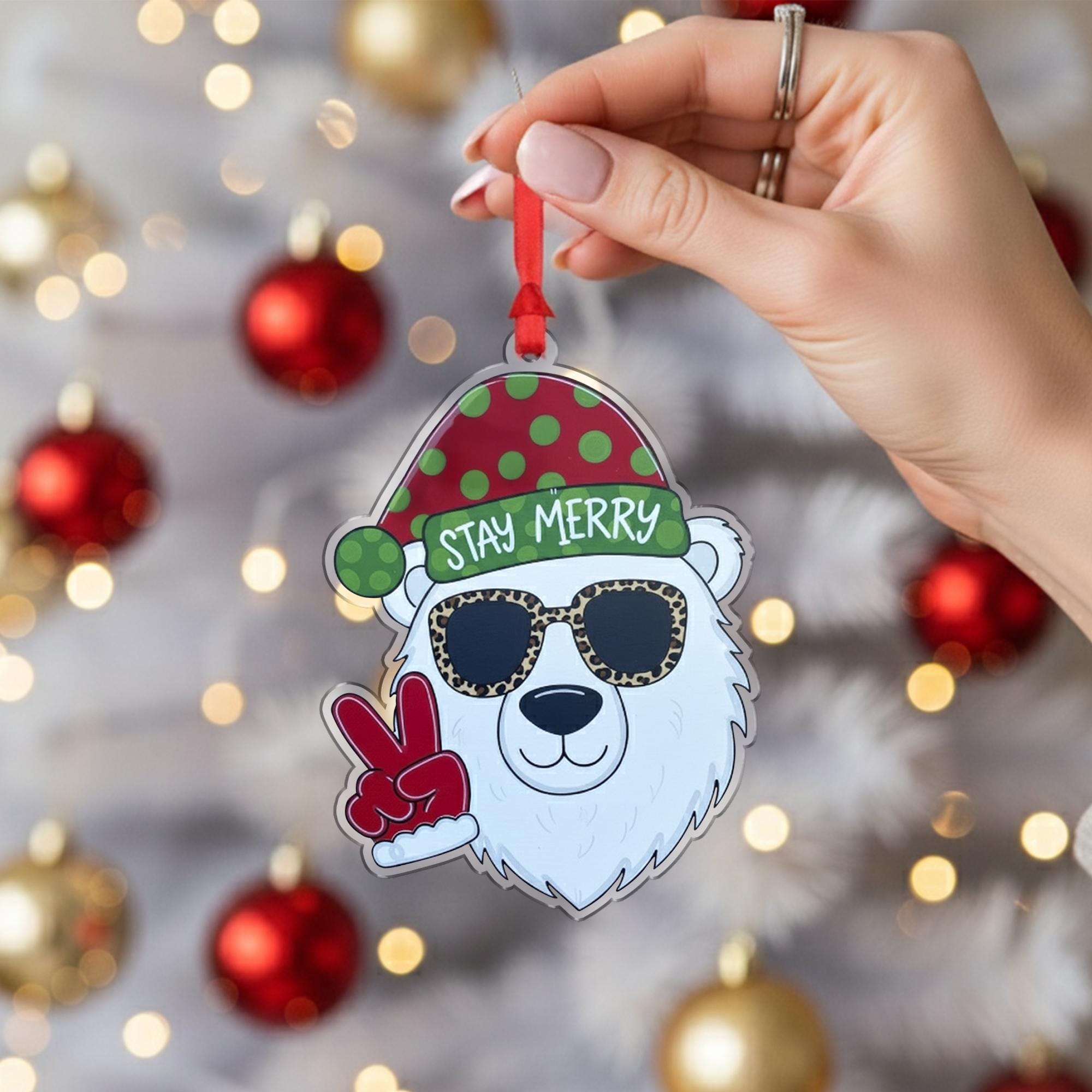 Polar Bear Ornament: Christmas Tree Decoration with Santa Hat and Sunglasses