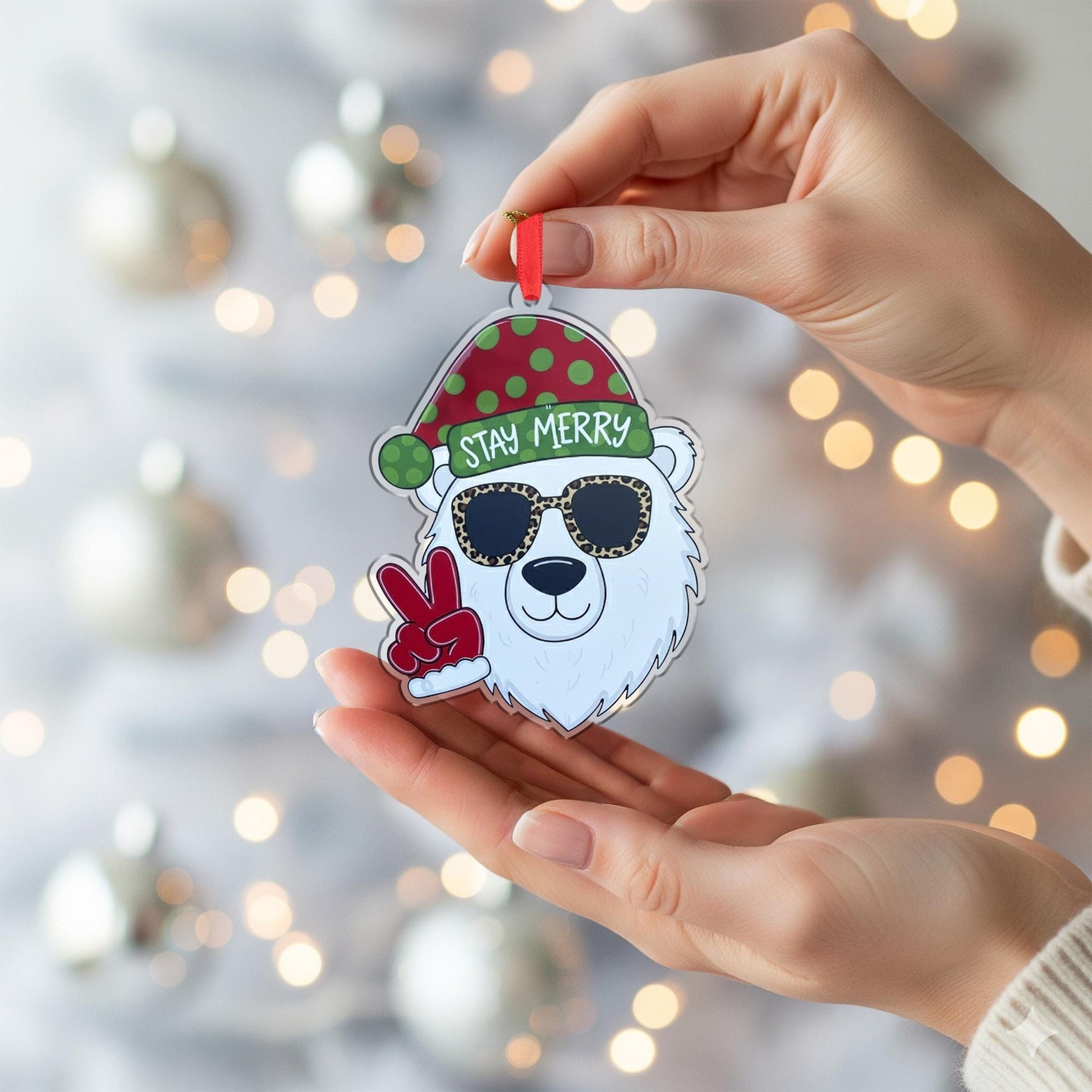 Polar Bear Ornament: Christmas Tree Decoration with Santa Hat and Sunglasses