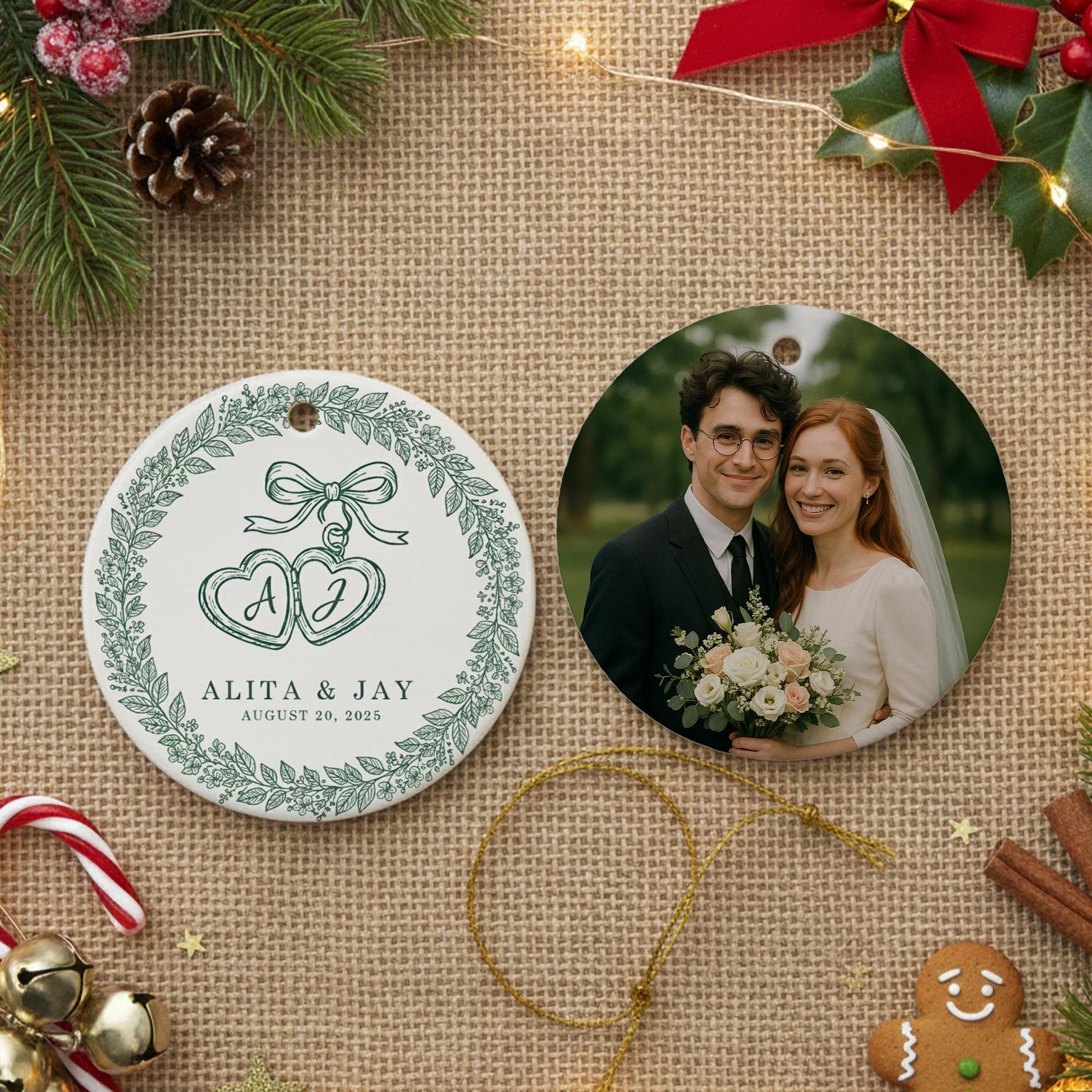 Personalized Wedding Ornament: Ceramic Photo Decoration with Names and Date