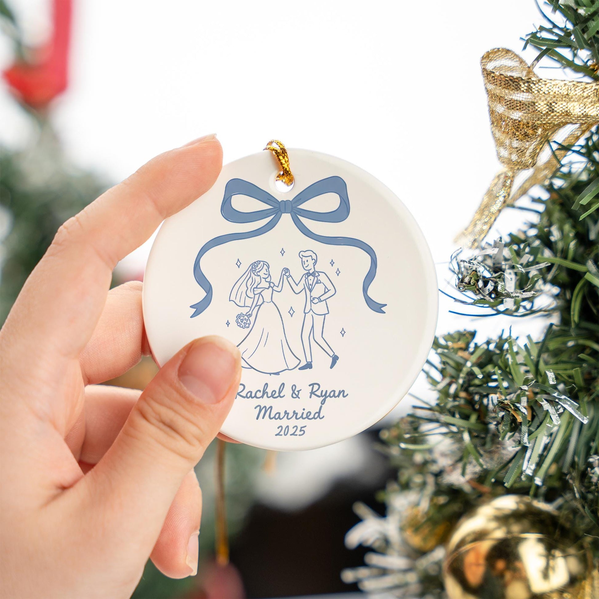 Personalized Wedding Ornament Ceramic – Bride and Groom Illustration, Keepsake 2025