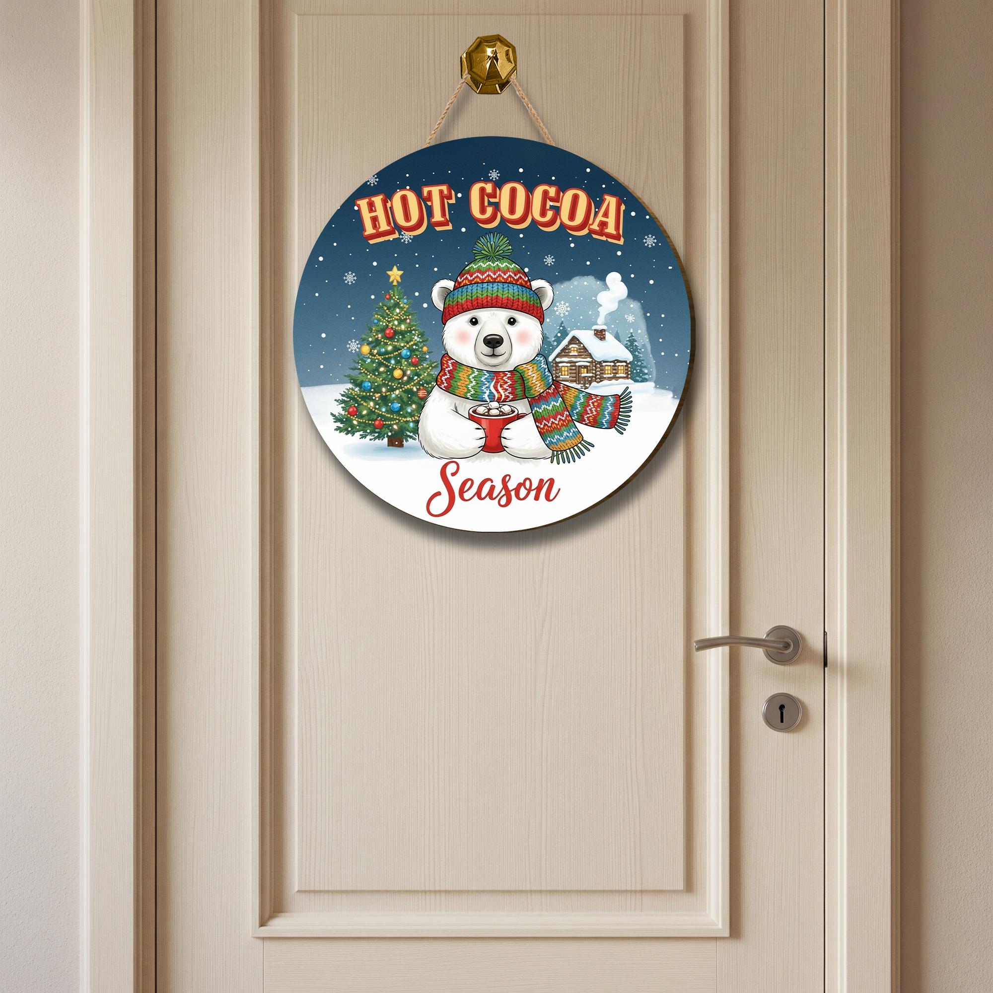 Wooden Hot Cocoa Sign – Winter Bear Decor – Round Wall Plaque