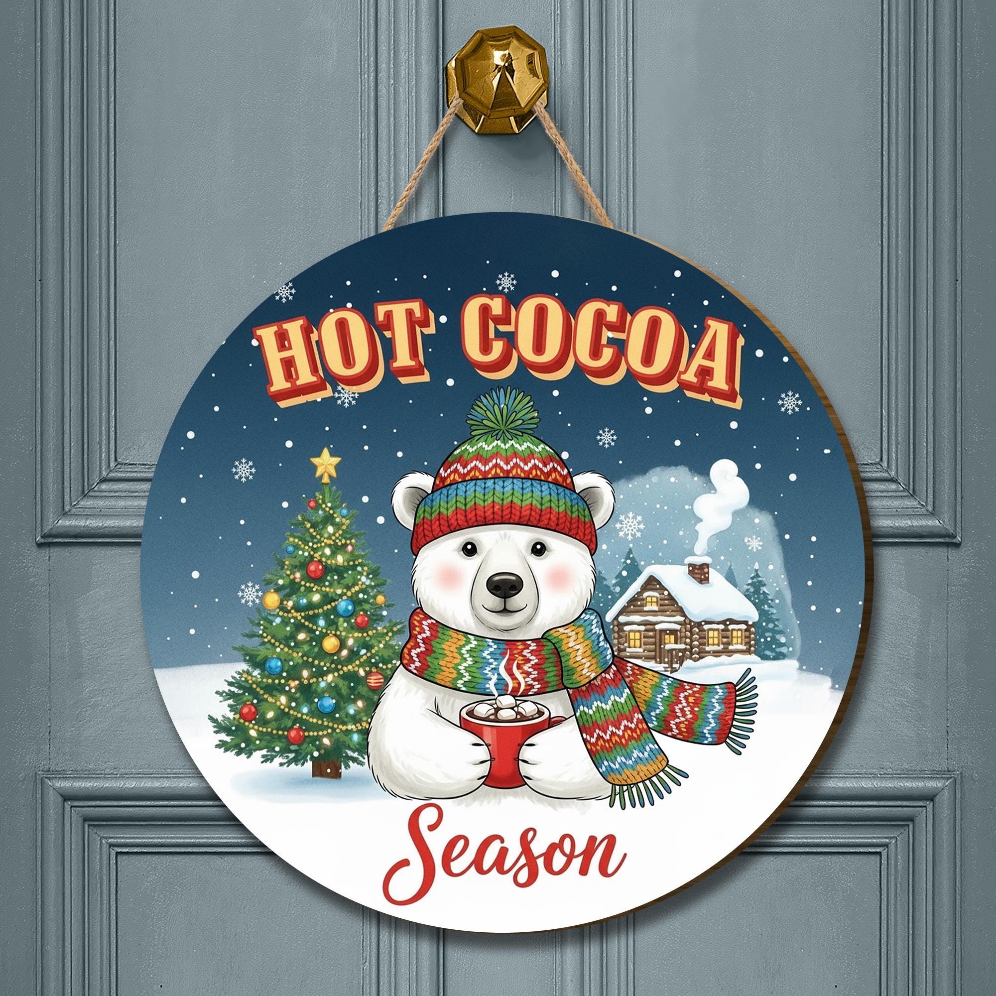Wooden Hot Cocoa Sign – Winter Bear Decor – Round Wall Plaque
