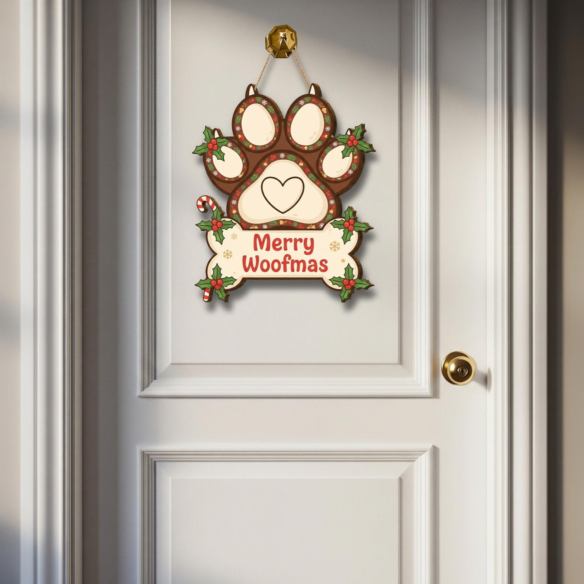 Wooden Merry Woofmas Sign – Dog Paw Wall Plaque – Holiday Door Decor