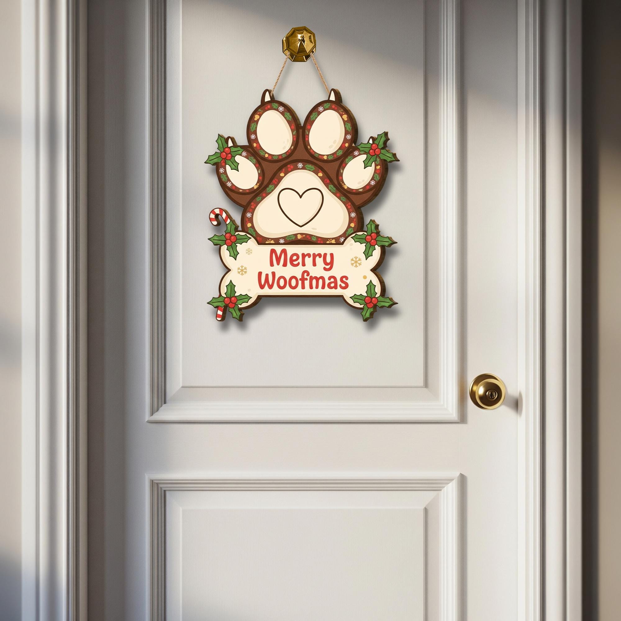 Wooden Merry Woofmas Sign – Dog Paw Wall Plaque – Holiday Door Decor