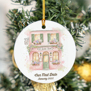 Personalized Ceramic Ornament: Custom Watercolor Pink Place Illustration, First Date Keepsake