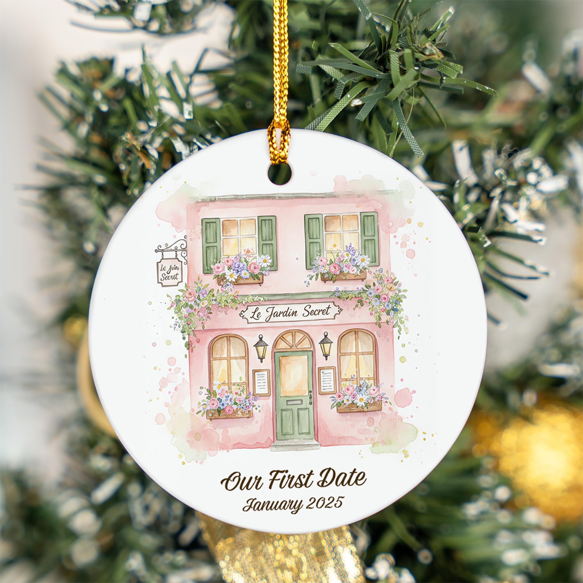 Personalized Ceramic Ornament: Custom Watercolor Pink Place Illustration, First Date Keepsake