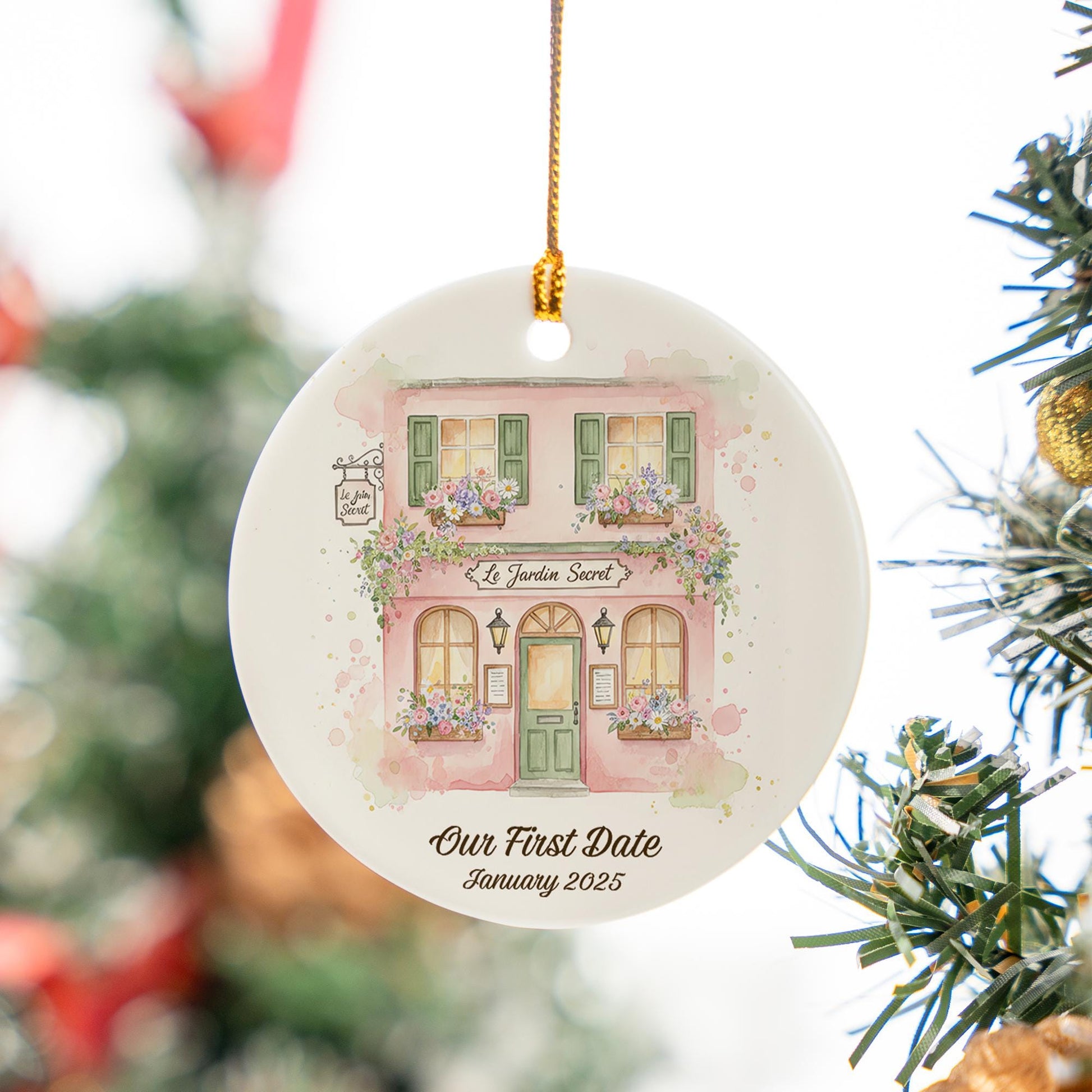 Personalized Ceramic Ornament: Custom Watercolor Pink Place Illustration, First Date Keepsake