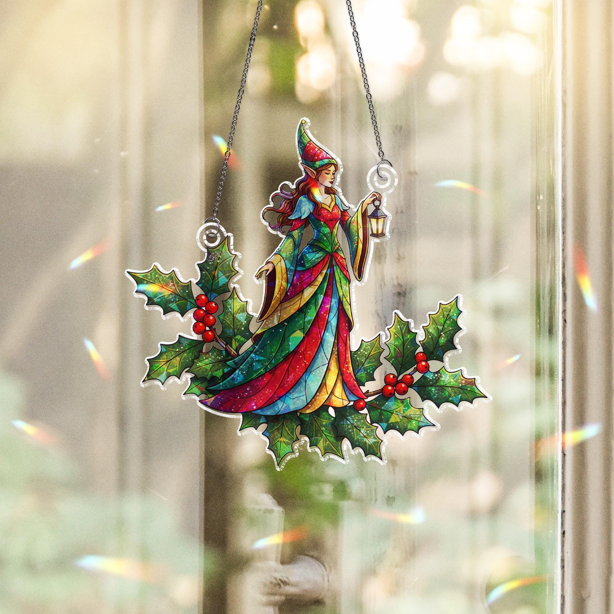 Acrylic Witchy Hologram Suncatcher: Faux Stained Glass Fairy Christmas Window Hanging