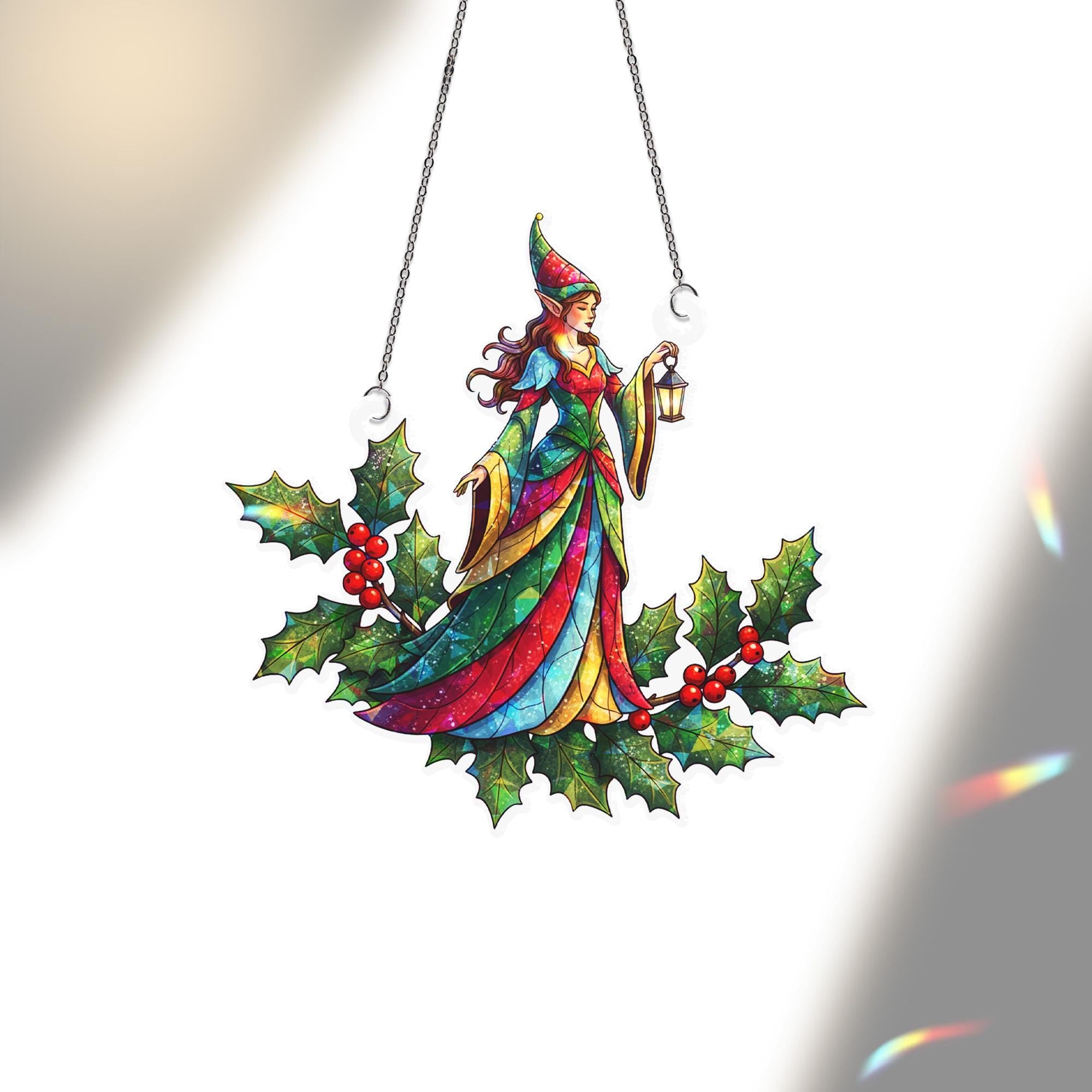 Acrylic Witchy Hologram Suncatcher: Faux Stained Glass Fairy Christmas Window Hanging