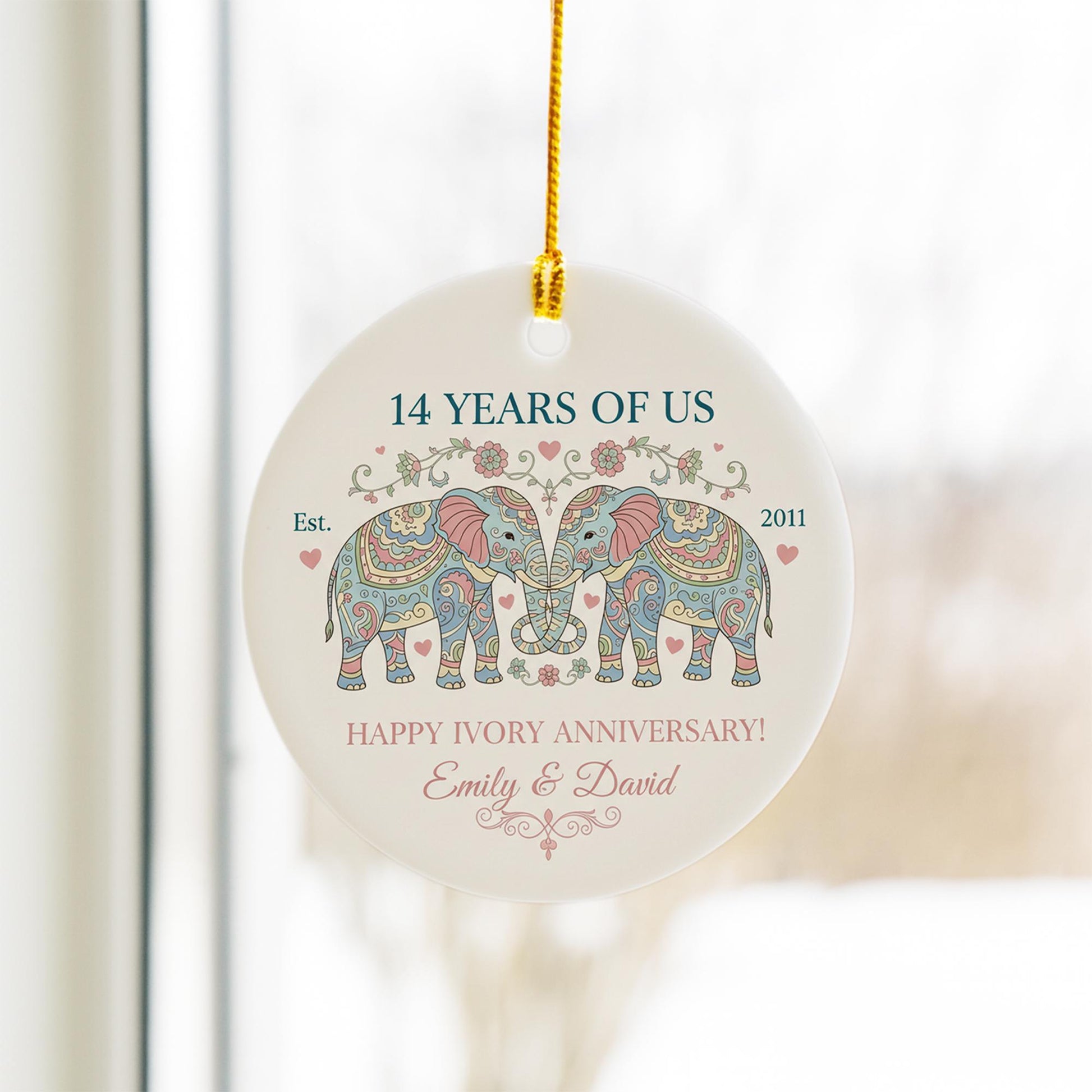 Personalized Ceramic Anniversary Ornament – 14 Years Together, Elephant Design, Ivory Anniversary Keepsake