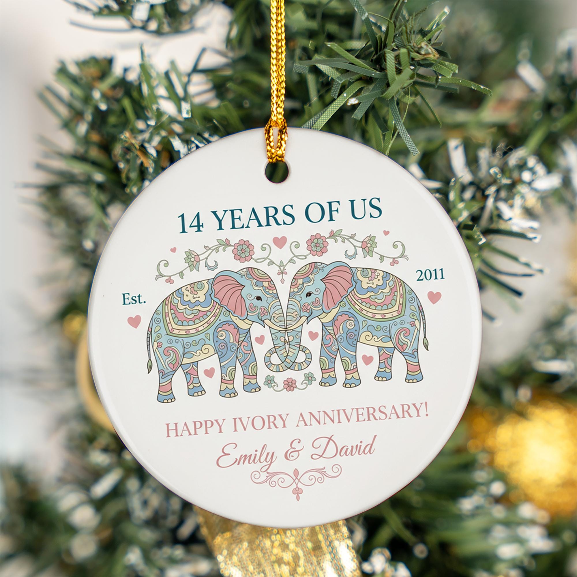 Personalized Ceramic Anniversary Ornament – 14 Years Together, Elephant Design, Ivory Anniversary Keepsake