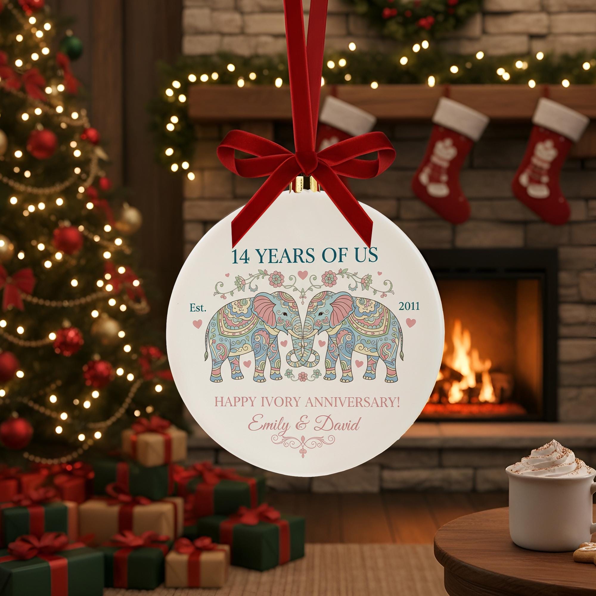 Personalized Ceramic Anniversary Ornament – 14 Years Together, Elephant Design, Ivory Anniversary Keepsake