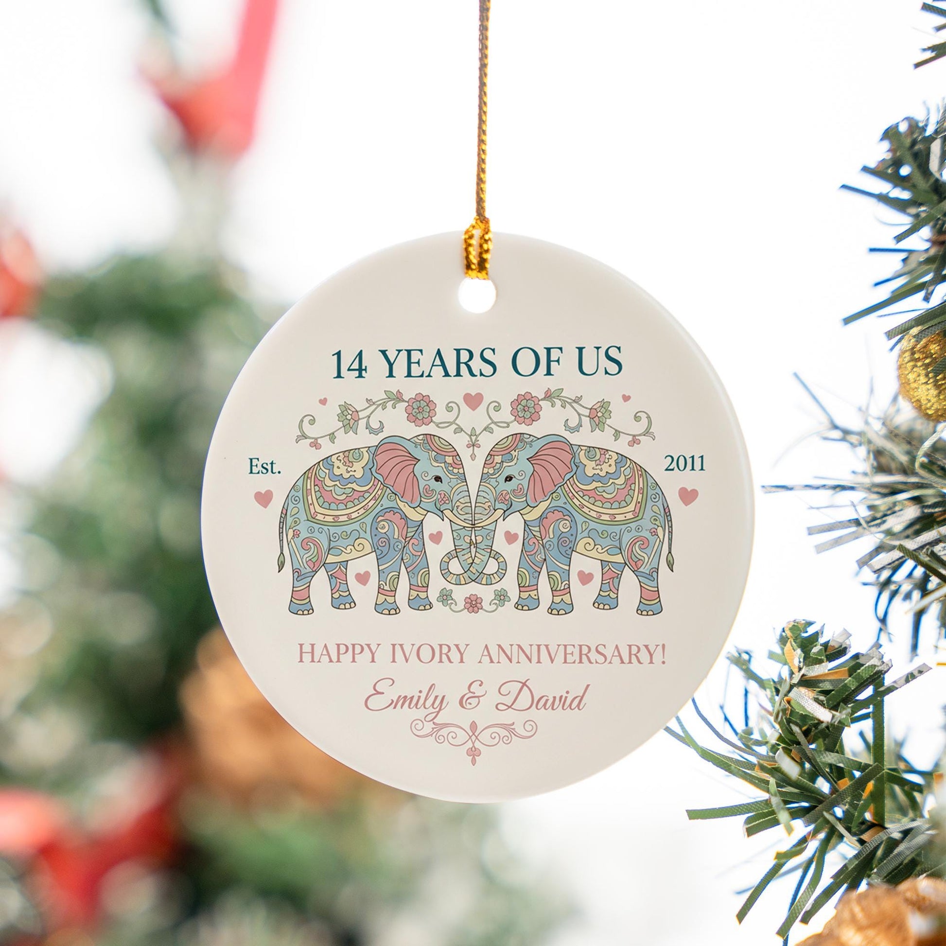 Personalized Ceramic Anniversary Ornament – 14 Years Together, Elephant Design, Ivory Anniversary Keepsake