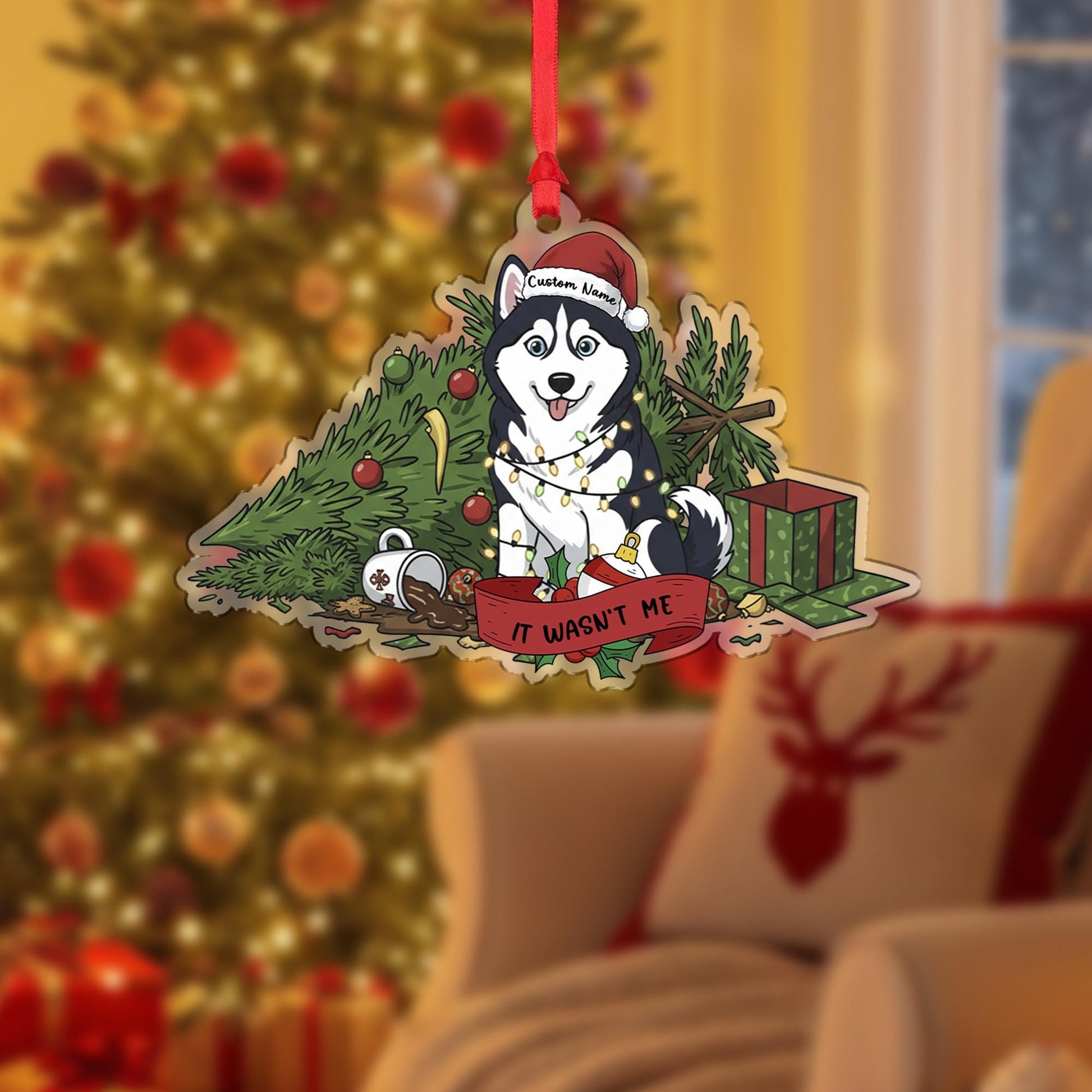 Personalized Dog Christmas Ornament – Husky Design, Funny Holiday Tree Decoration, Custom Name Pet Keepsake