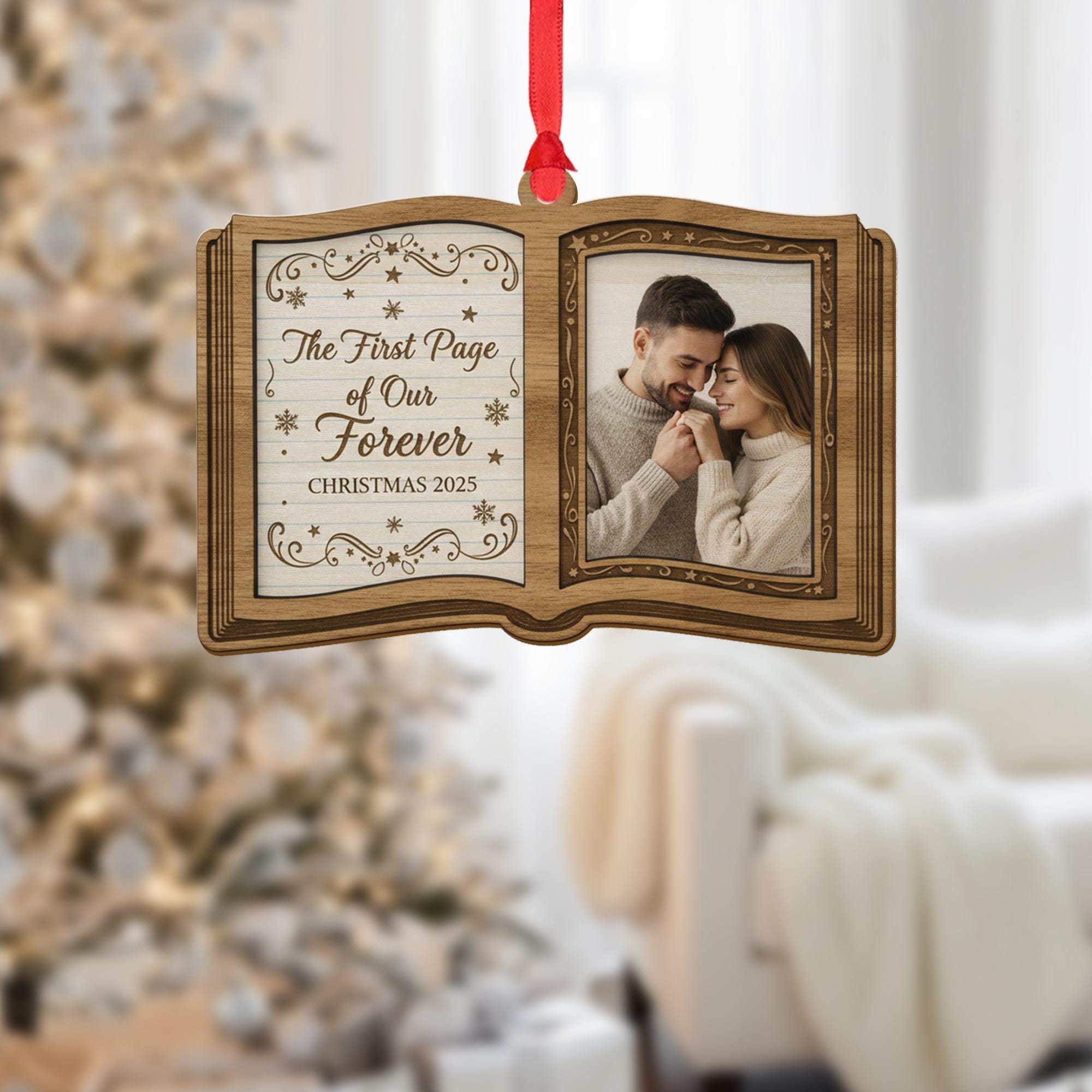 Personalized Book Photo Ornament – Open Book Shape, Couple Christmas 2025 Keepsake Decoration