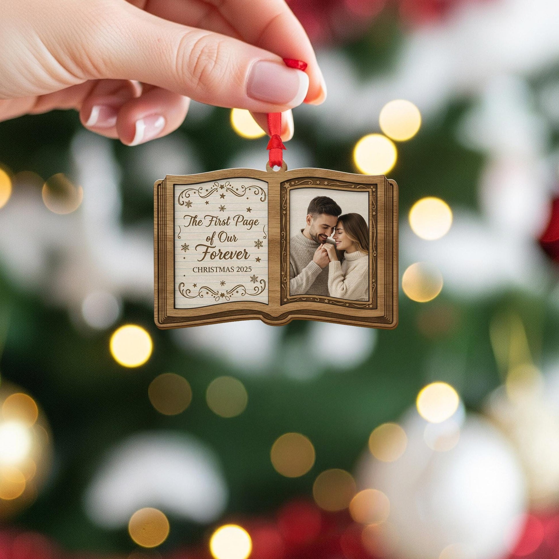 Personalized Book Photo Ornament – Open Book Shape, Couple Christmas 2025 Keepsake Decoration