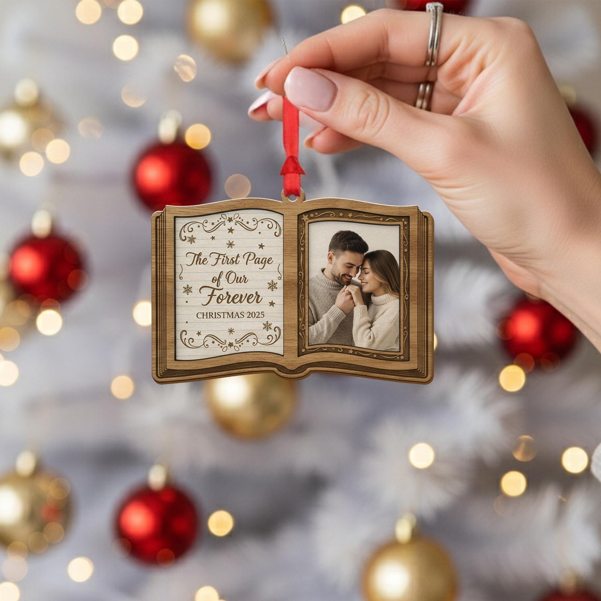 Personalized Book Photo Ornament – Open Book Shape, Couple Christmas 2025 Keepsake Decoration