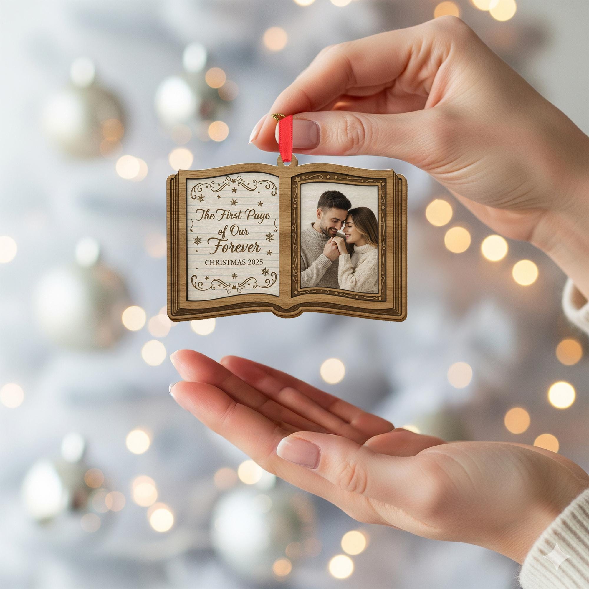 Personalized Book Photo Ornament – Open Book Shape, Couple Christmas 2025 Keepsake Decoration