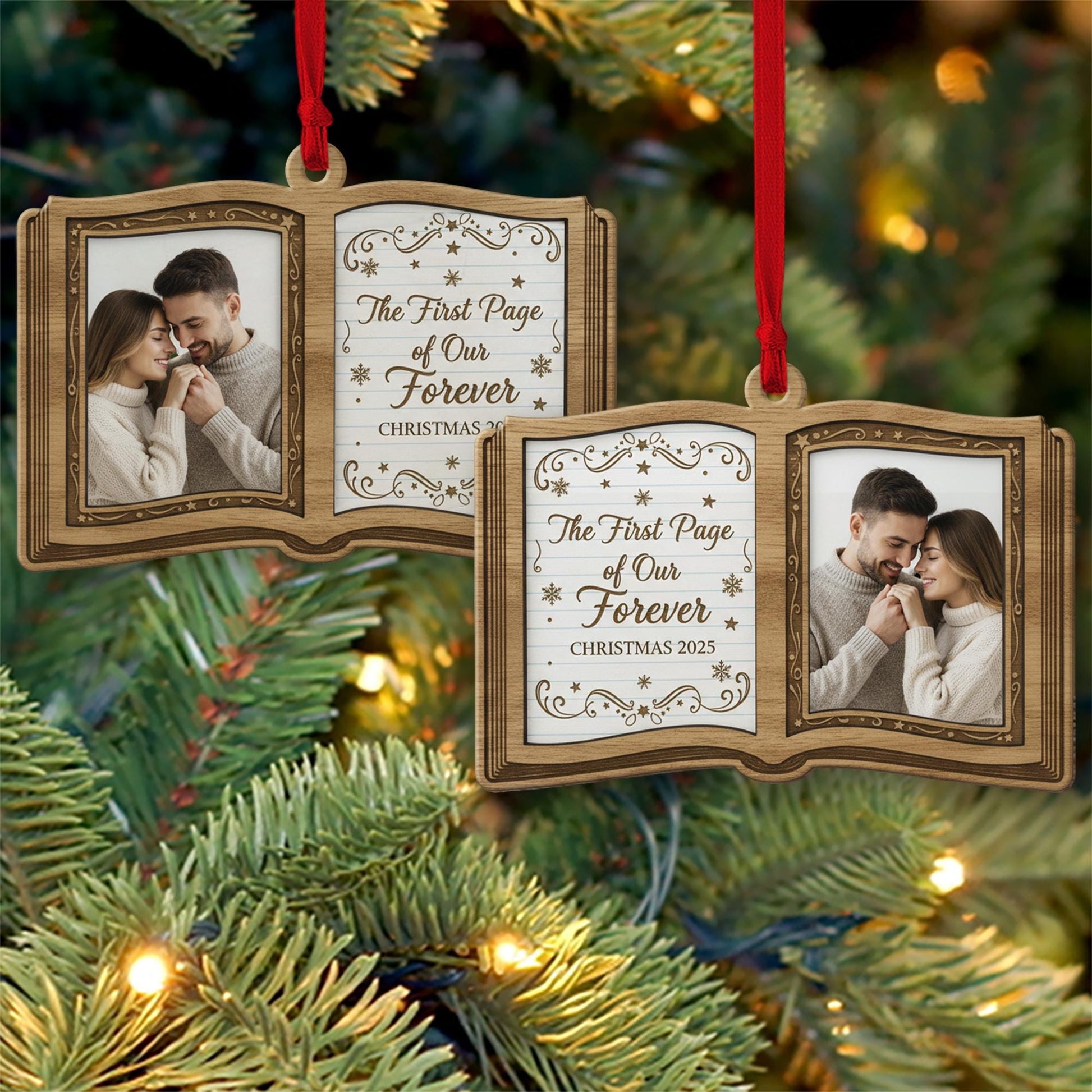 Personalized Book Photo Ornament – Open Book Shape, Couple Christmas 2025 Keepsake Decoration