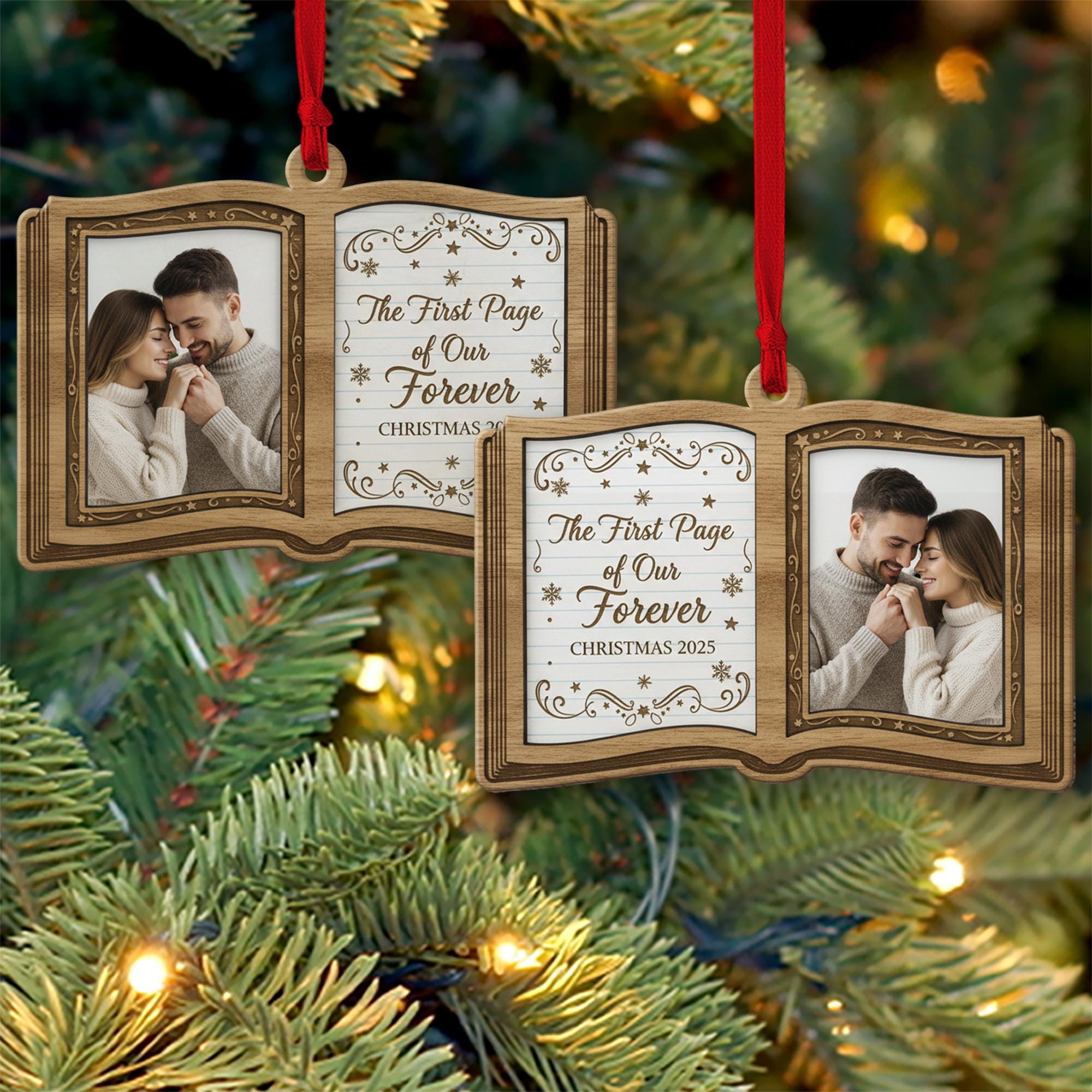 Personalized Book Photo Ornament – Open Book Shape, Couple Christmas 2025 Keepsake Decoration