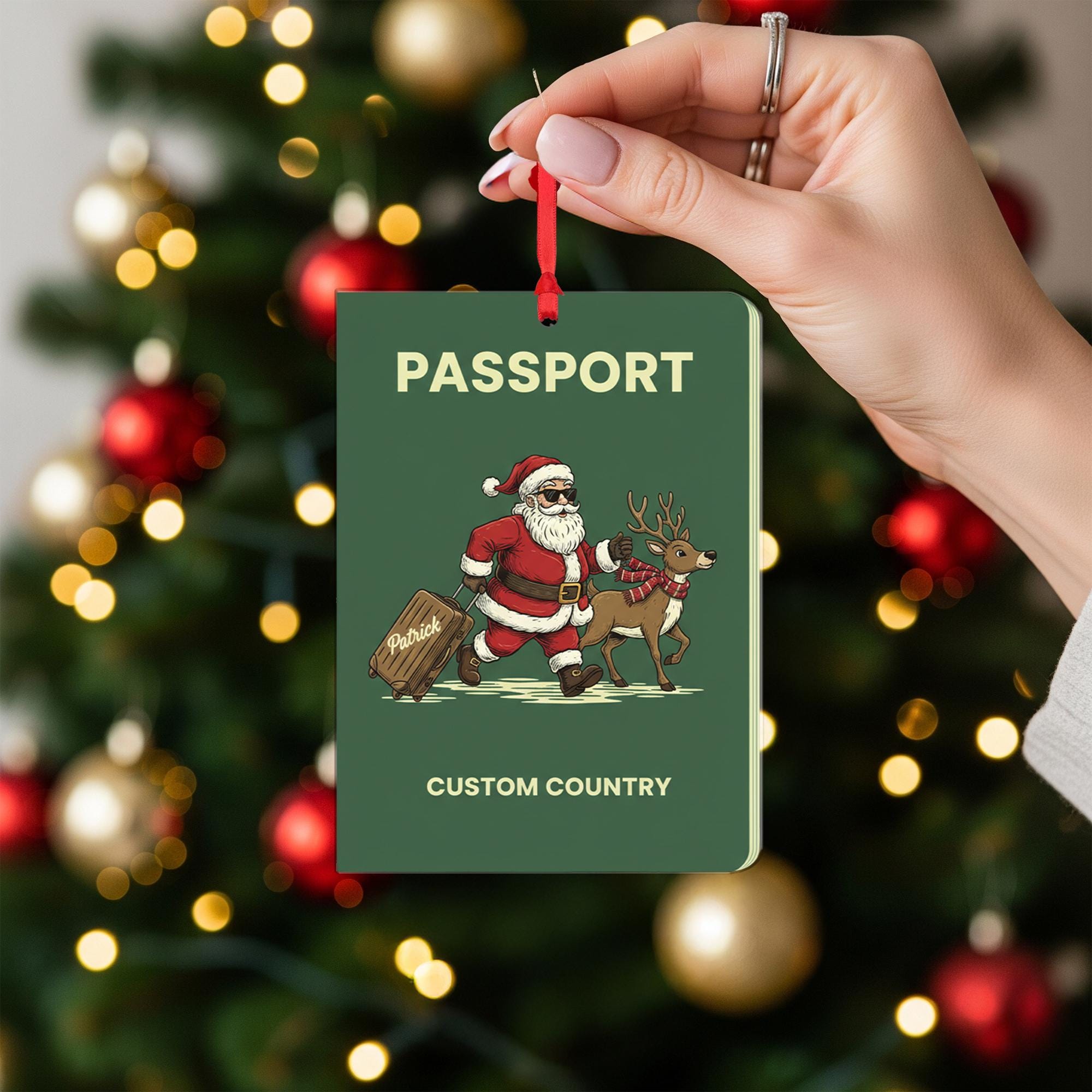 Personalized Passport Ornament with Santa and Reindeer, Travel Theme Christmas Decoration