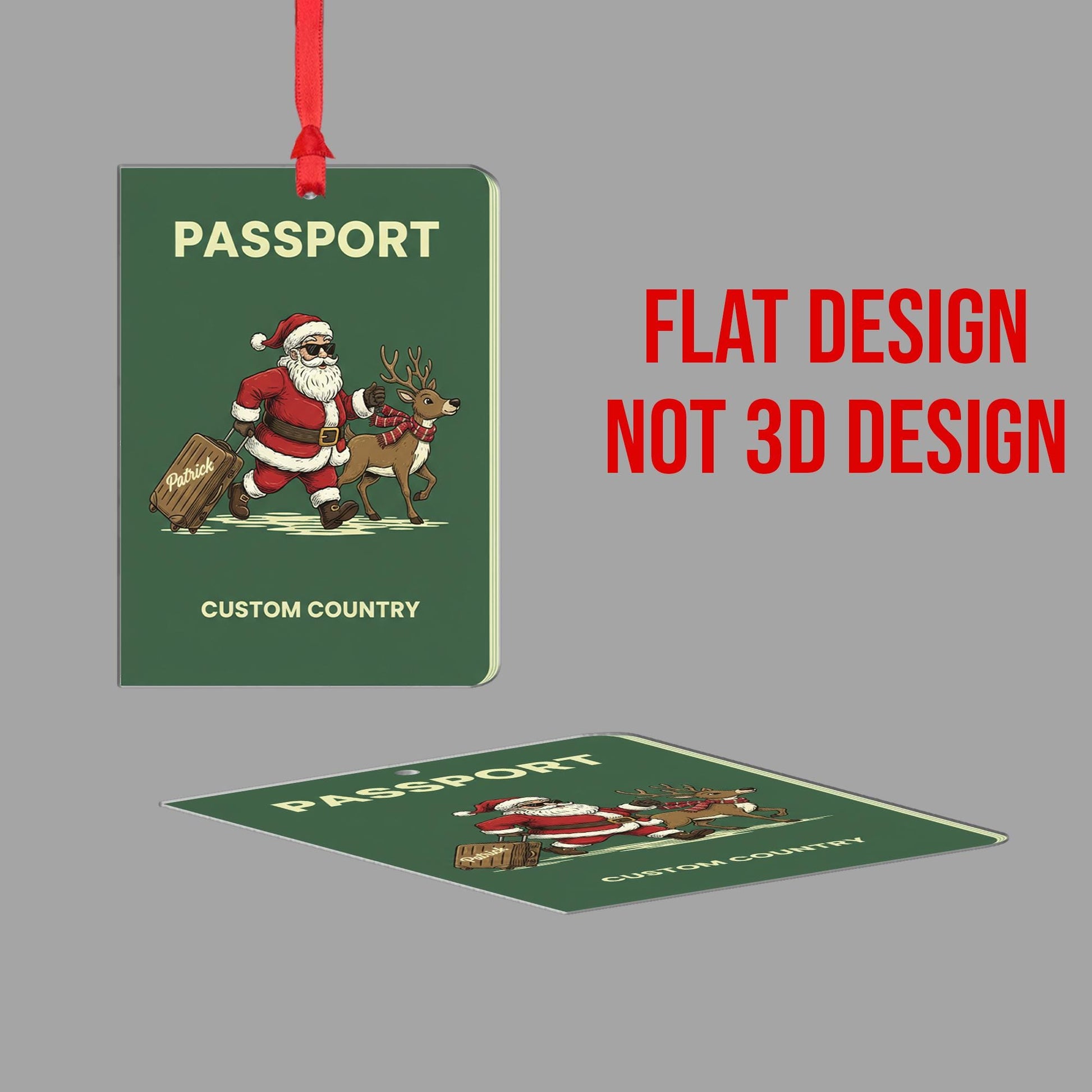Personalized Passport Ornament with Santa and Reindeer, Travel Theme Christmas Decoration