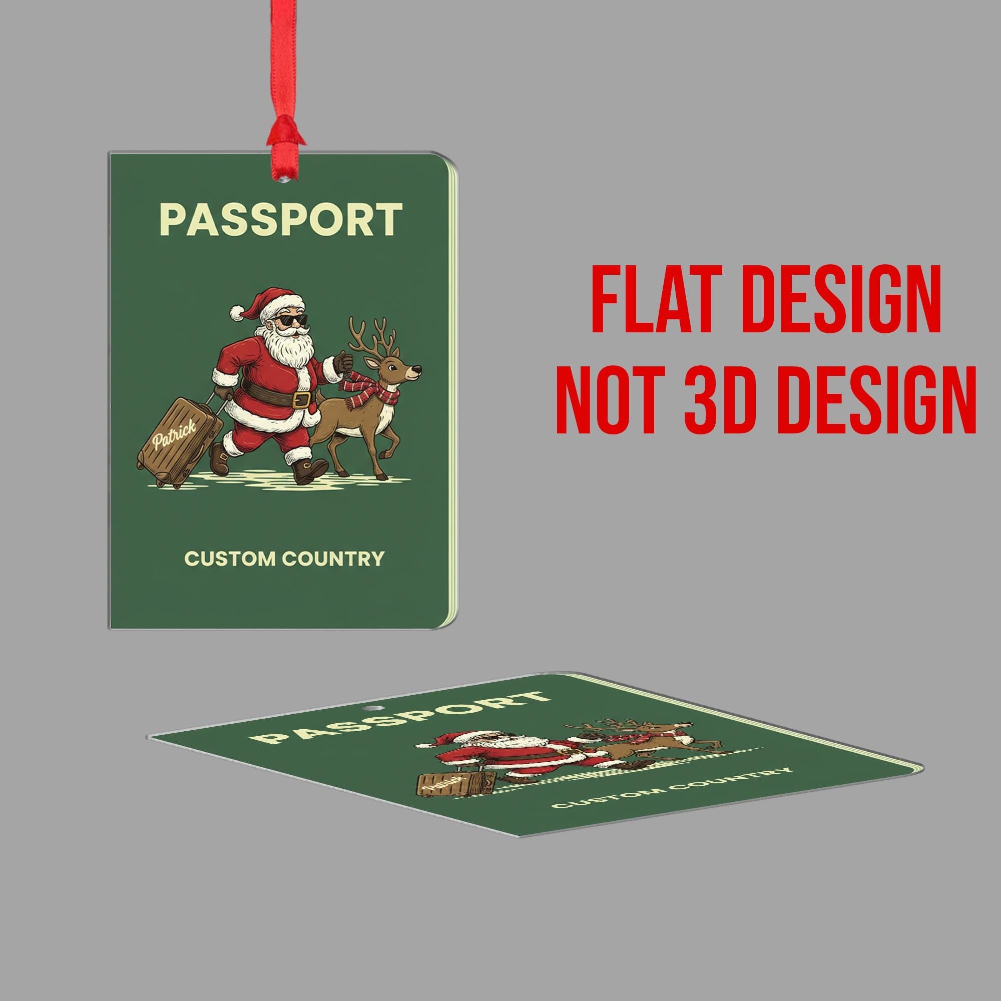 Personalized Passport Ornament with Santa and Reindeer, Travel Theme Christmas Decoration