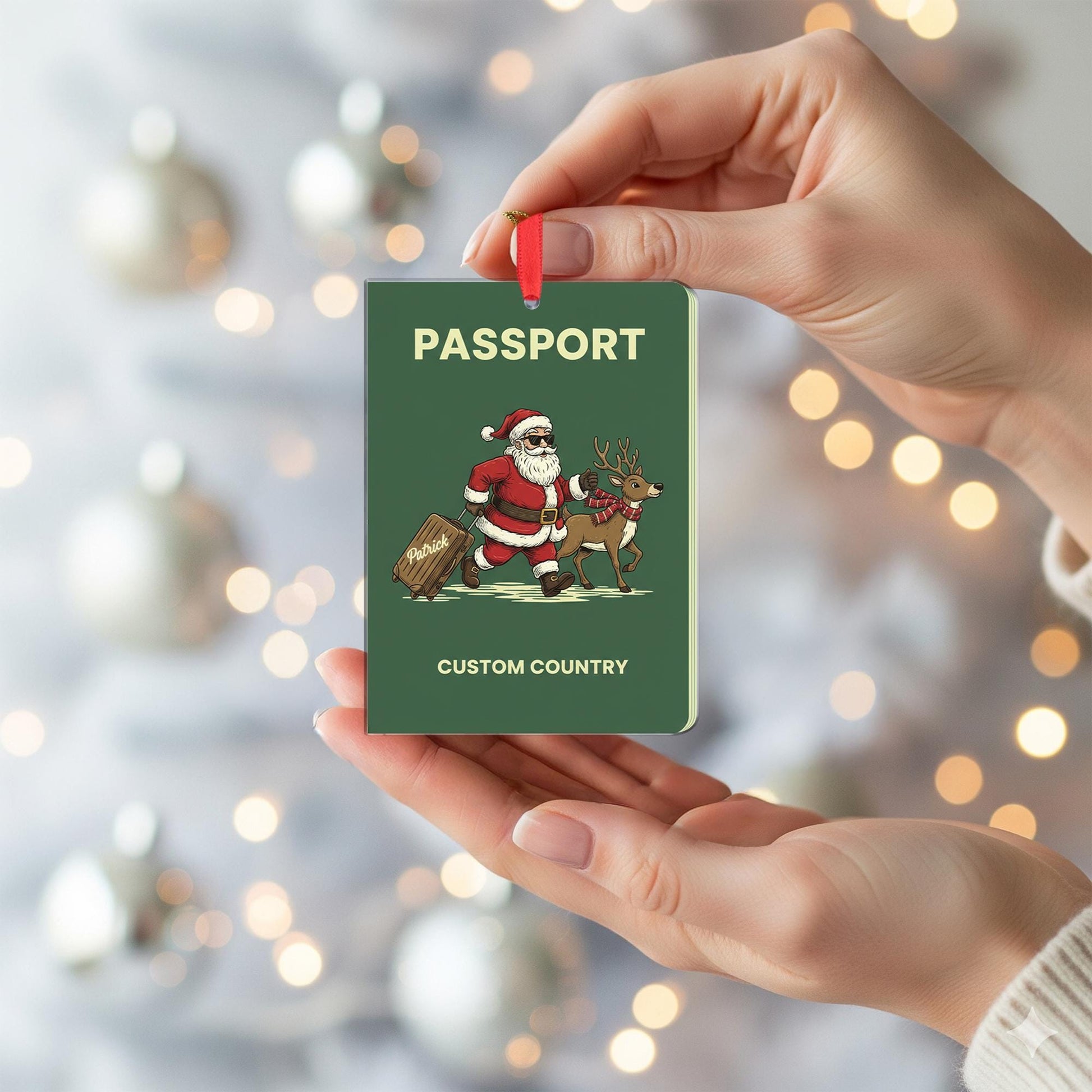 Personalized Passport Ornament with Santa and Reindeer, Travel Theme Christmas Decoration