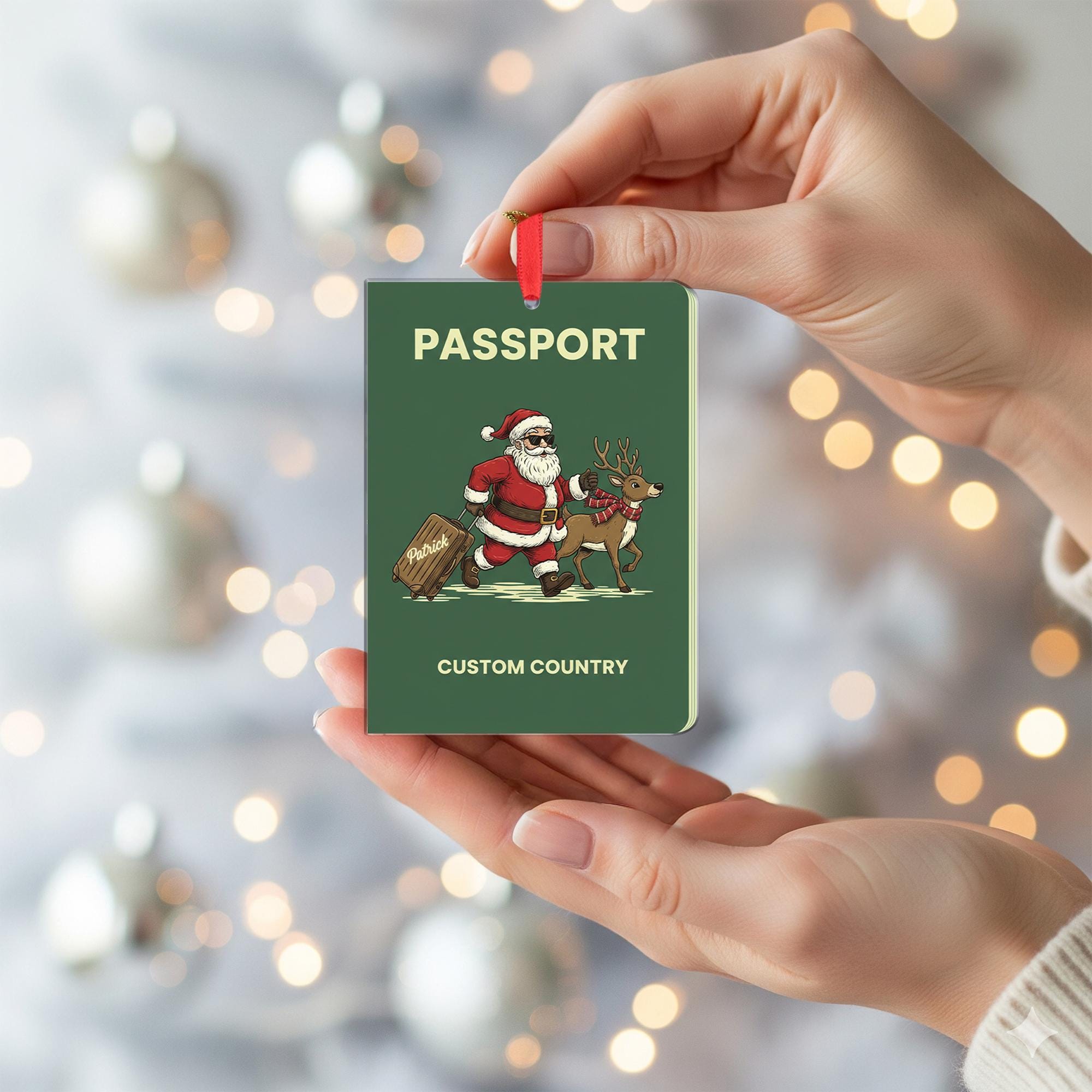 Personalized Passport Ornament with Santa and Reindeer, Travel Theme Christmas Decoration