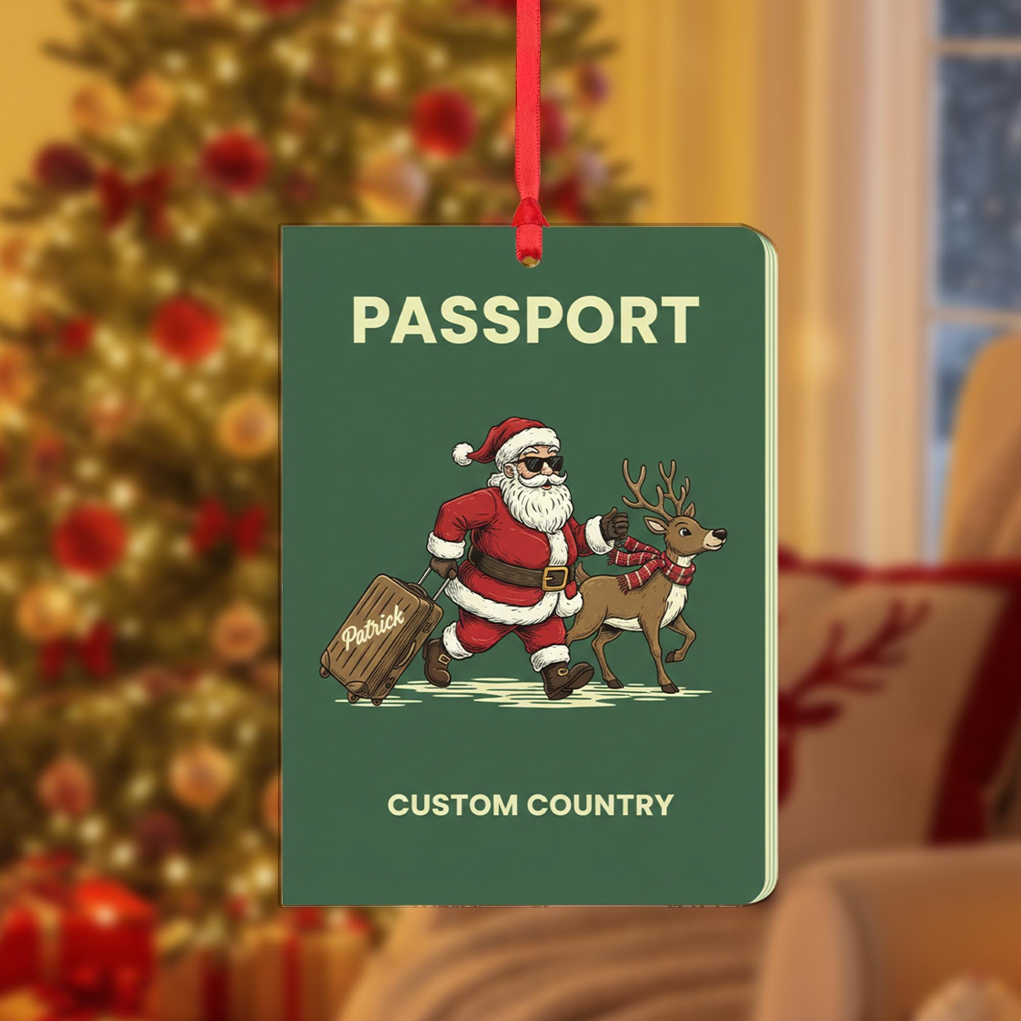 Personalized Passport Ornament with Santa and Reindeer, Travel Theme Christmas Decoration