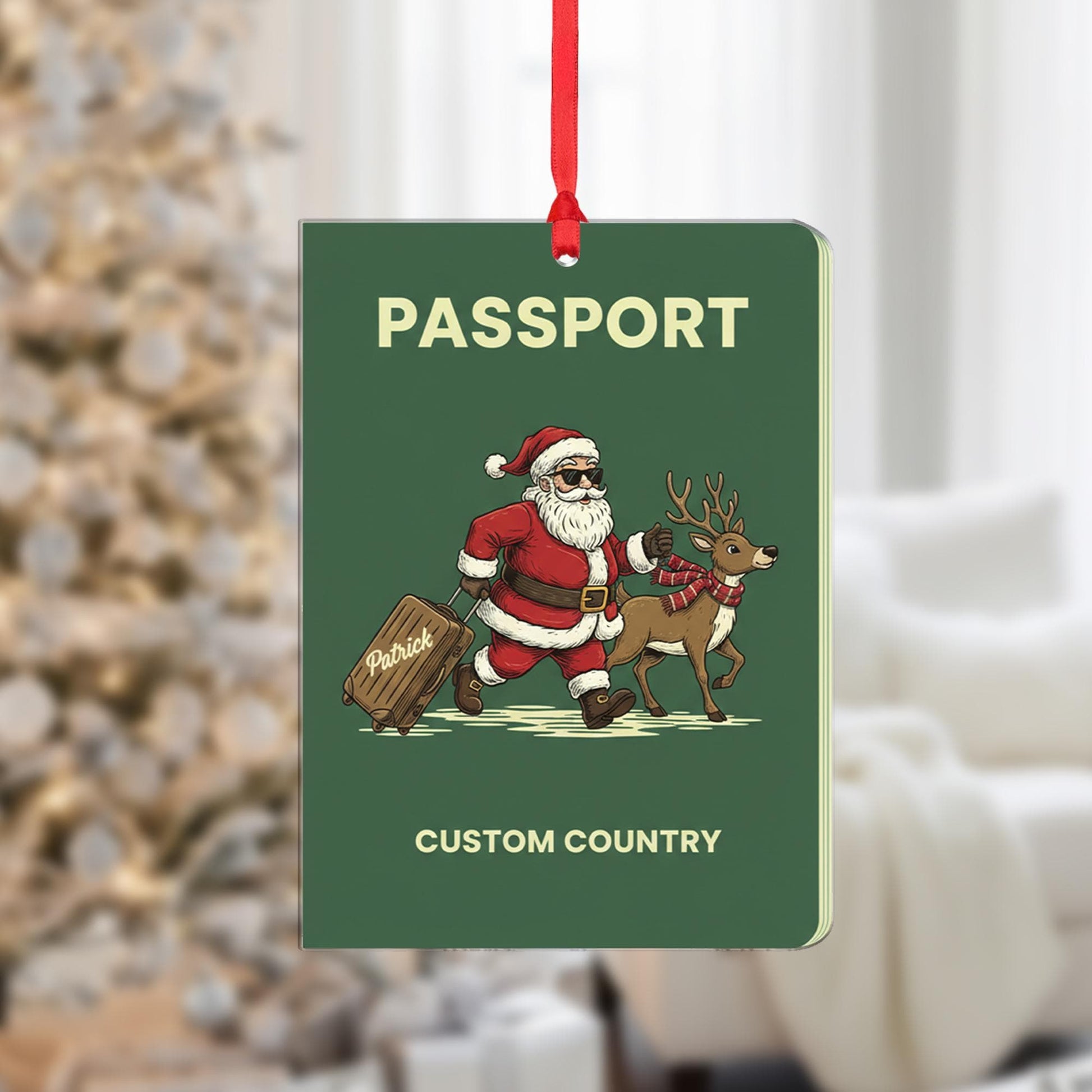 Personalized Passport Ornament with Santa and Reindeer, Travel Theme Christmas Decoration