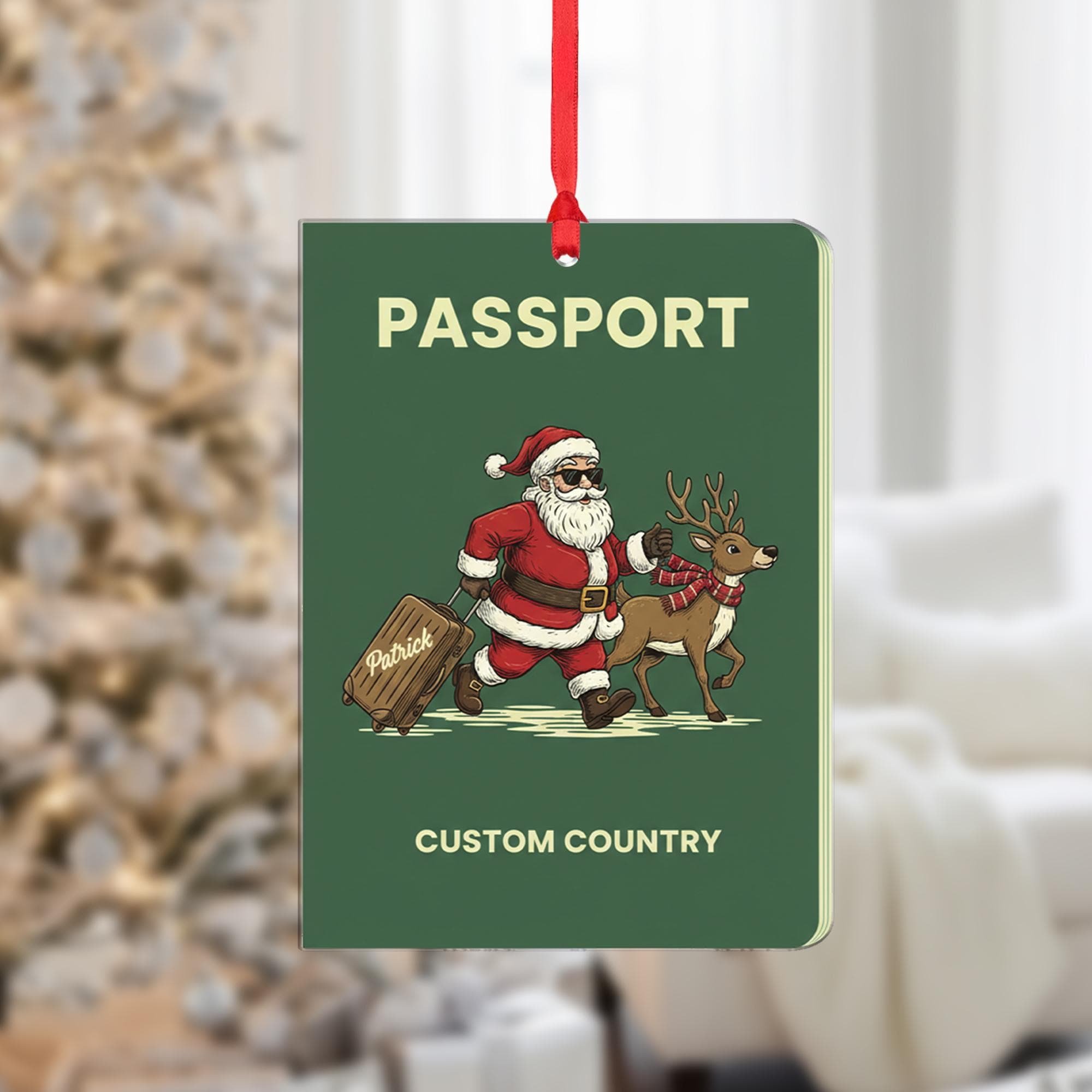 Personalized Passport Ornament with Santa and Reindeer, Travel Theme Christmas Decoration