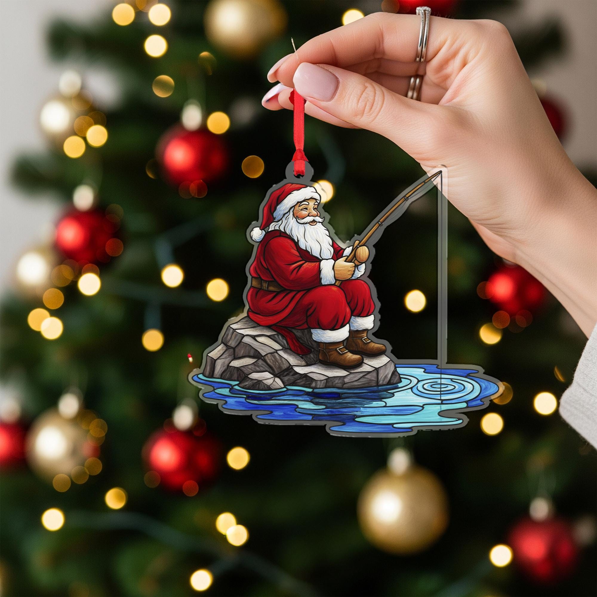Santa Claus Ornament with Fishing Pole and Rock Scene, Holiday Water Theme Christmas Decoration