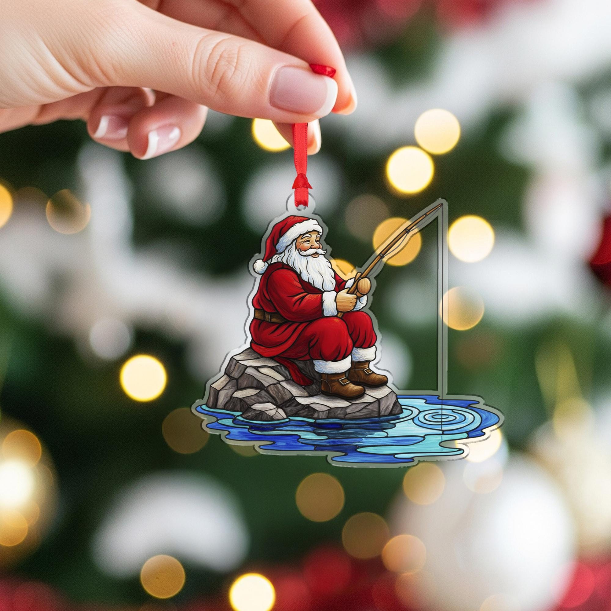 Santa Claus Ornament with Fishing Pole and Rock Scene, Holiday Water Theme Christmas Decoration