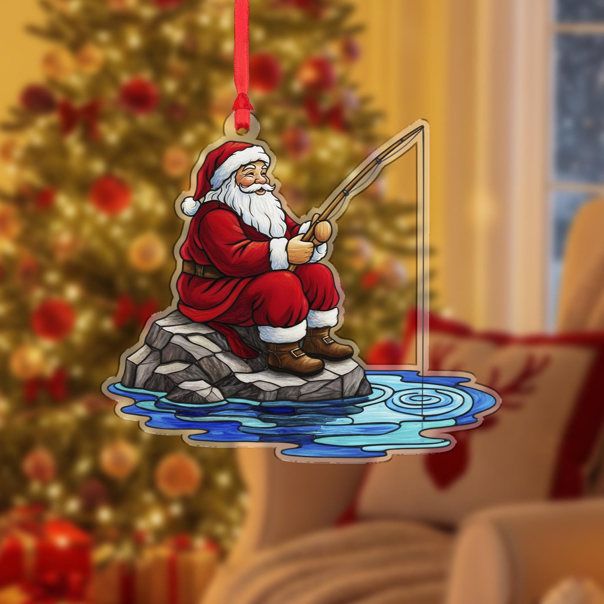 Santa Claus Ornament with Fishing Pole and Rock Scene, Holiday Water Theme Christmas Decoration